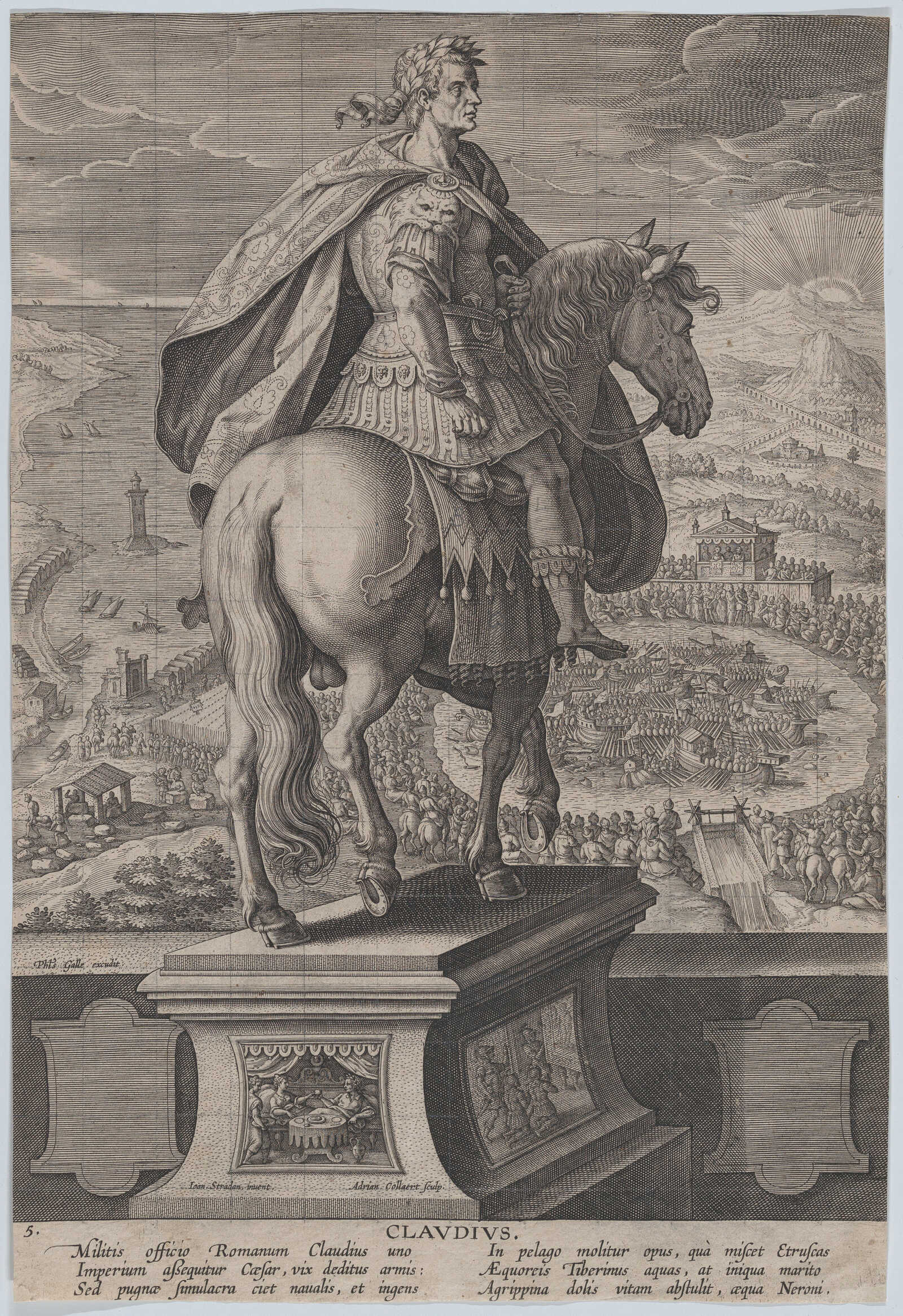 Equestrian statue of Claudius, print by Adriaen Collaert, after Jan van der Straet, called Stradanus
