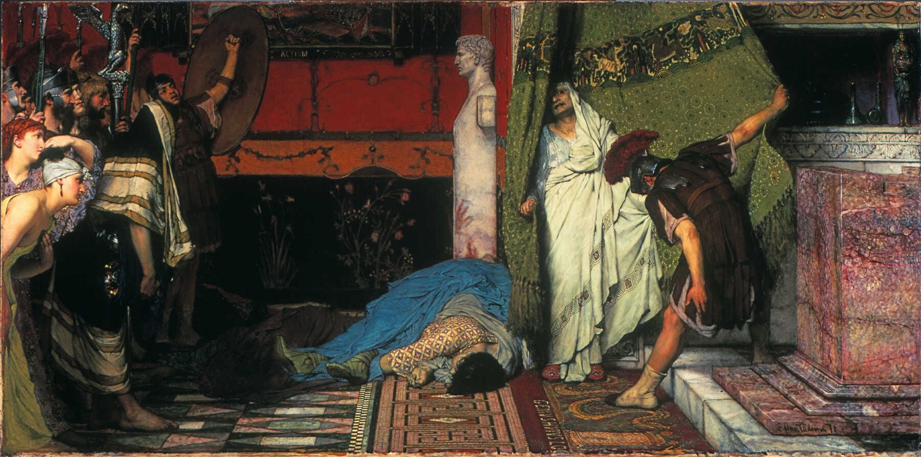 Lawrence Alma-Tadema’s painting of Gratus, a member of the Praetorian, draws a curtain aside to reveal the terrified Claudius who is hailed as emperor on the spot, with Caligula on the floor