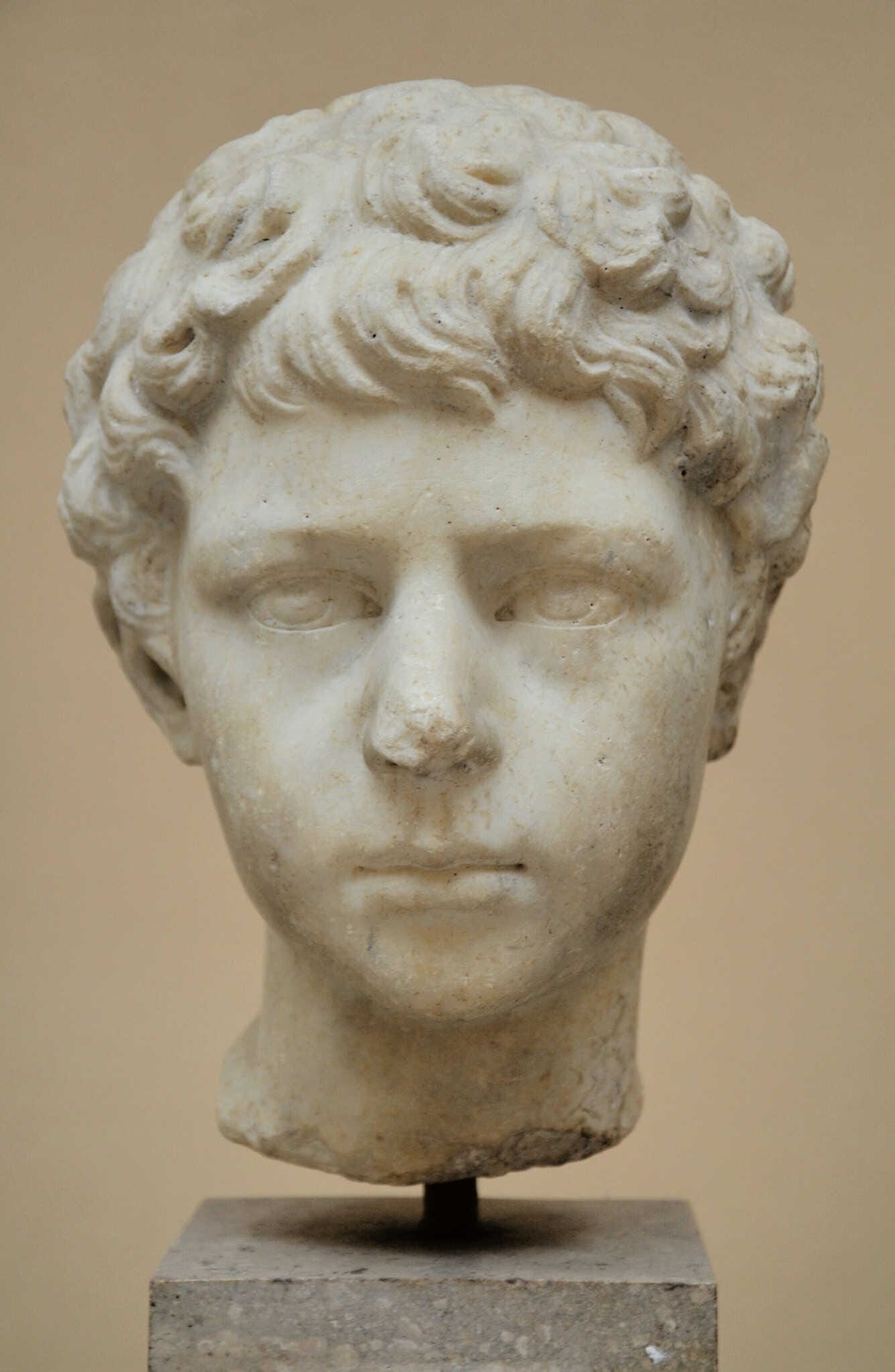 Lucius Verus as a child, bust made from Luna marble, from the Cardo Maximus, close to the Porta Laurentina in Ostia Antica, Italy