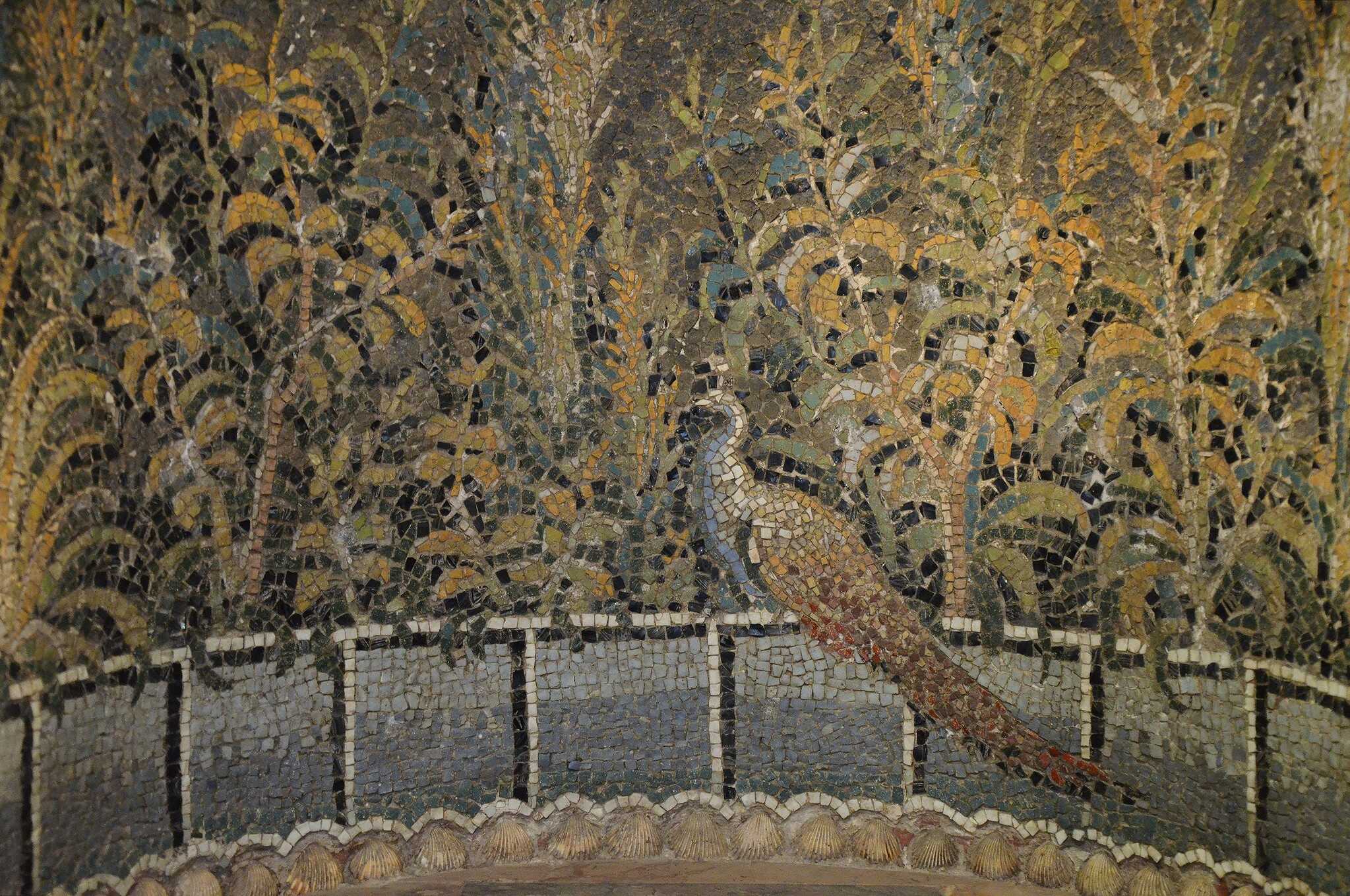 Mosaic niche from Baiae with a garden scene, a peacock on a fence with other birds and leafy plants