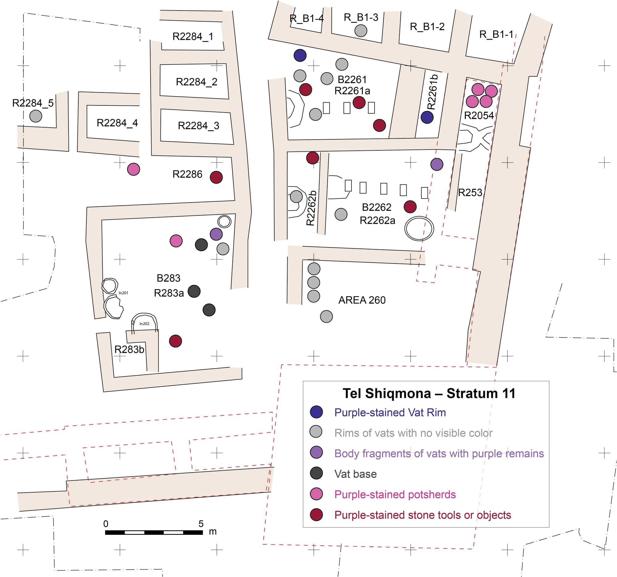 Schematic plan with spatial distribution of finds related to purple-dye production