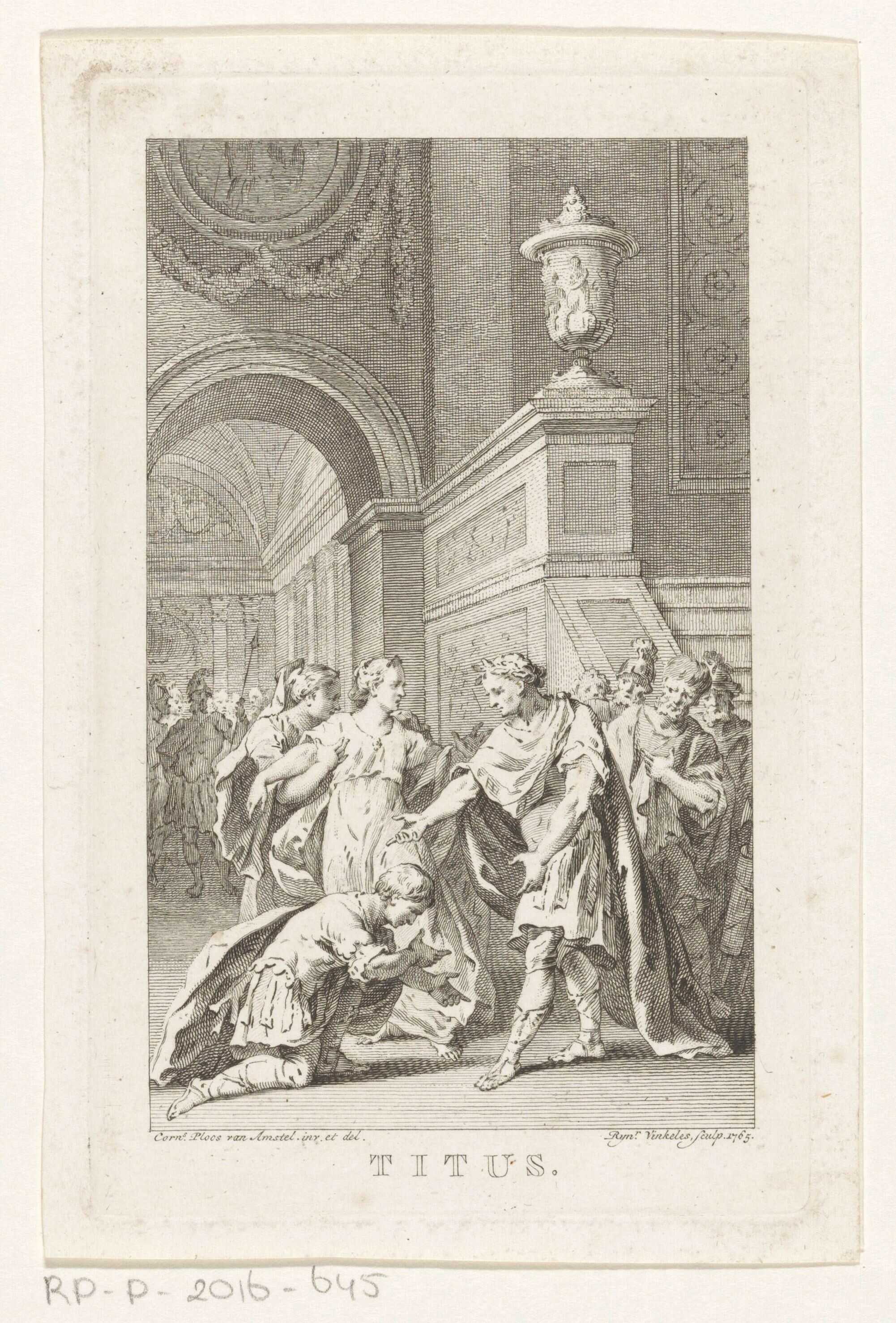 Sextus kneels before Emperor Titus, behind them, Vitellia falls into Tullia's arms — before the people Titus shows his mild character and gives the two freedom after their betrayal, a print by Cornelis Ploos van Amstel