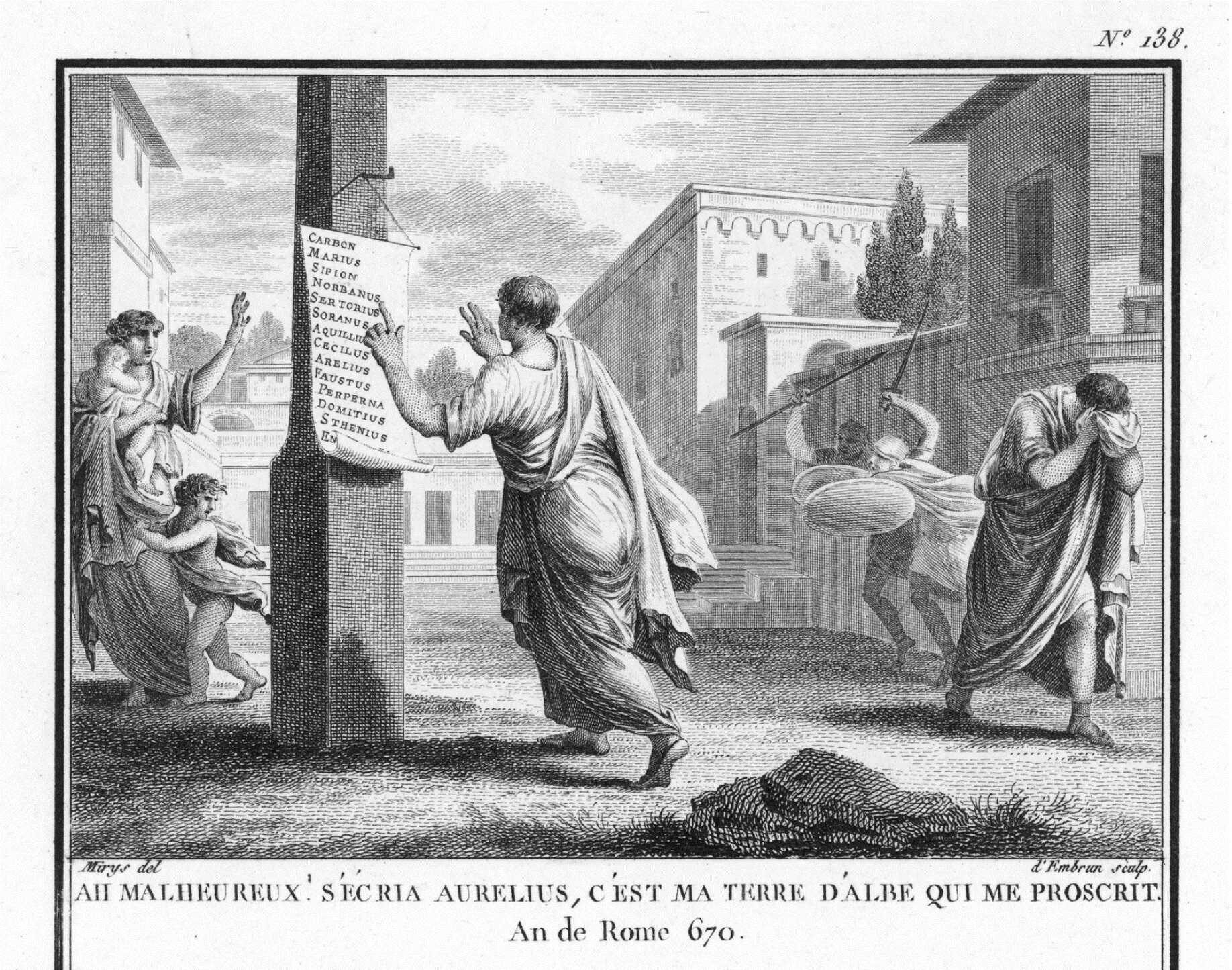 Sulla has the list of outlaws displayed in Rome, an engraving by Silvestre David Mirys