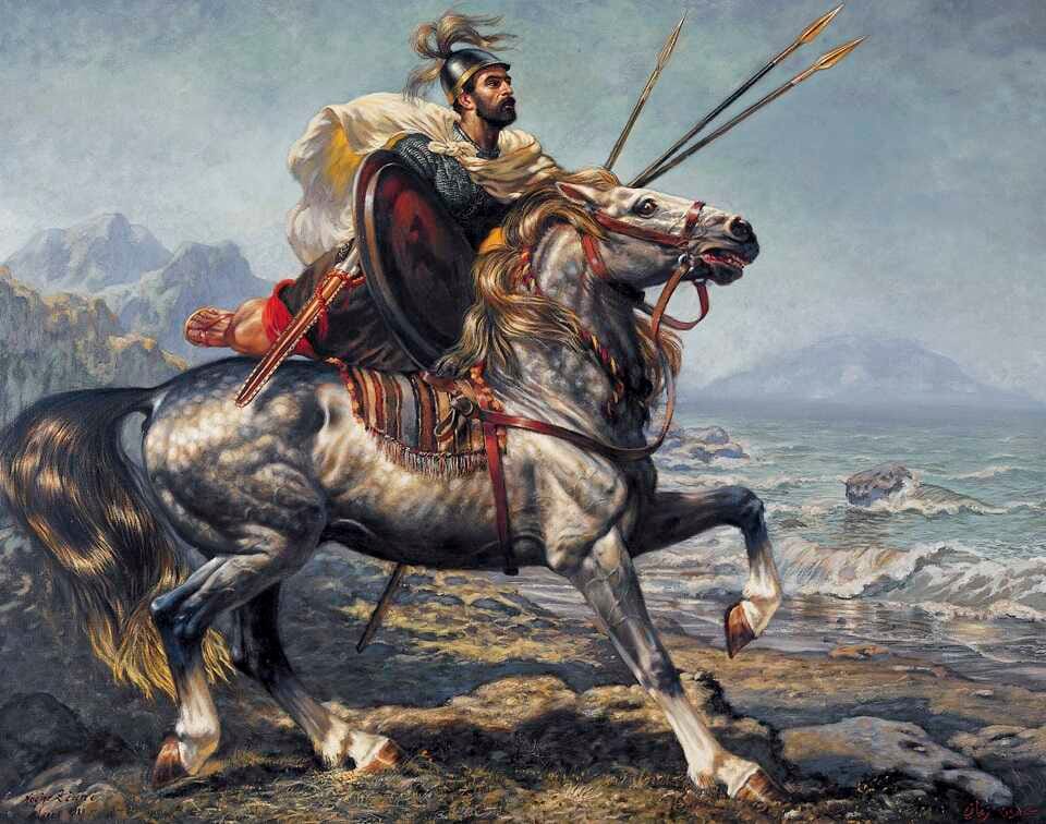 The Numidian horseman, an oil painting on canvas by the Algerian artist Hocine Ziani, 1990, Private Collection