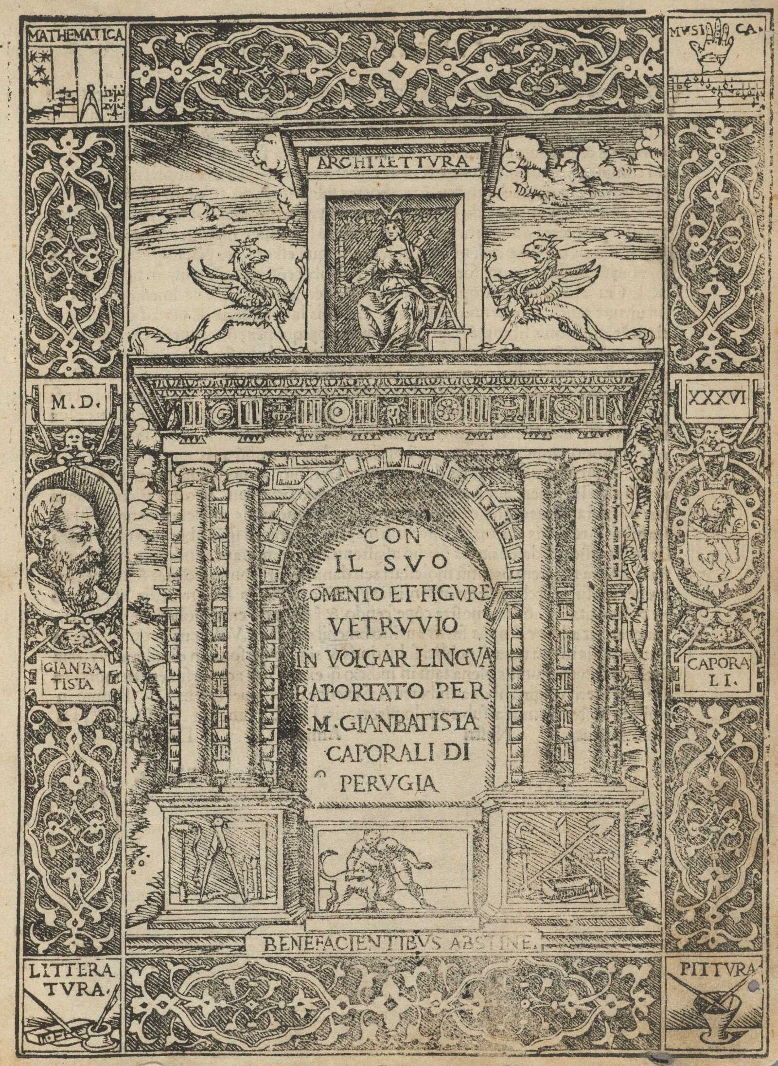 Title page from De Architectura by Vitruvius Pollio, a version from Perugia, 1536