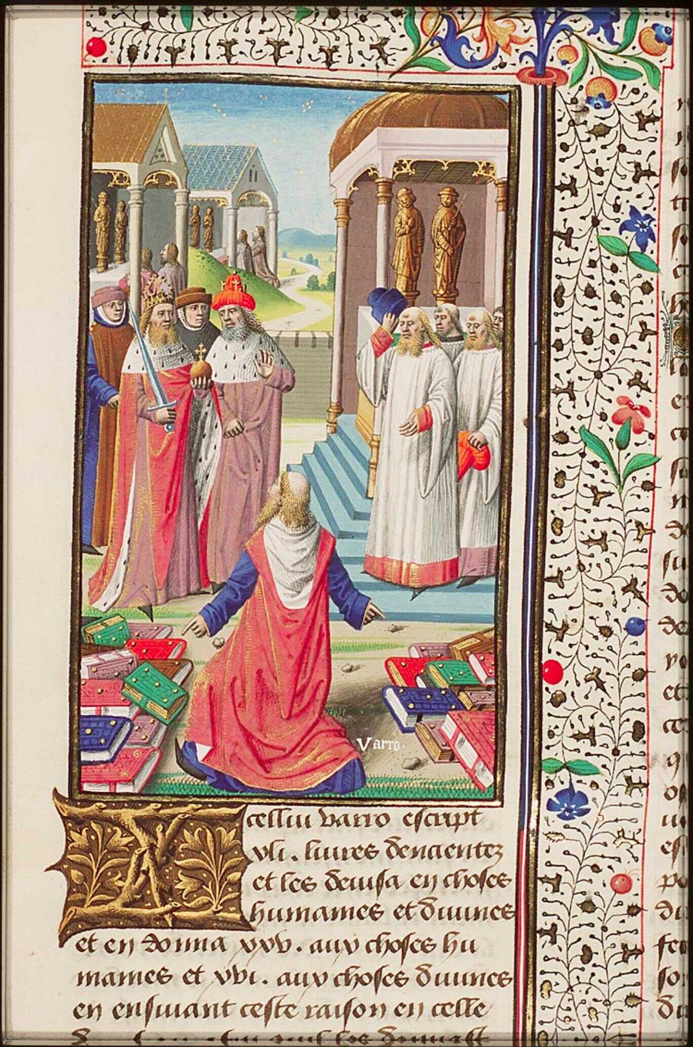 Varro pointing at his 'Antiquitates' (Antiquities), divided in Human Matters and Divine Matters, he is kneeling before an emperor and pontifex, counsellors and priests