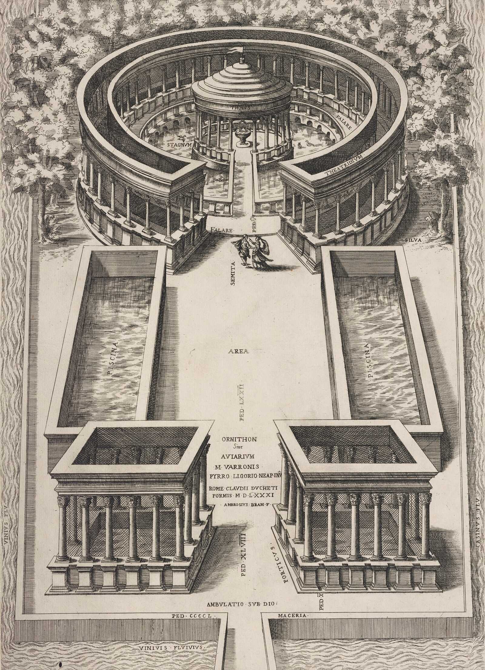 Varro's aviary at Casinum, gravure by Pirro Ligorio