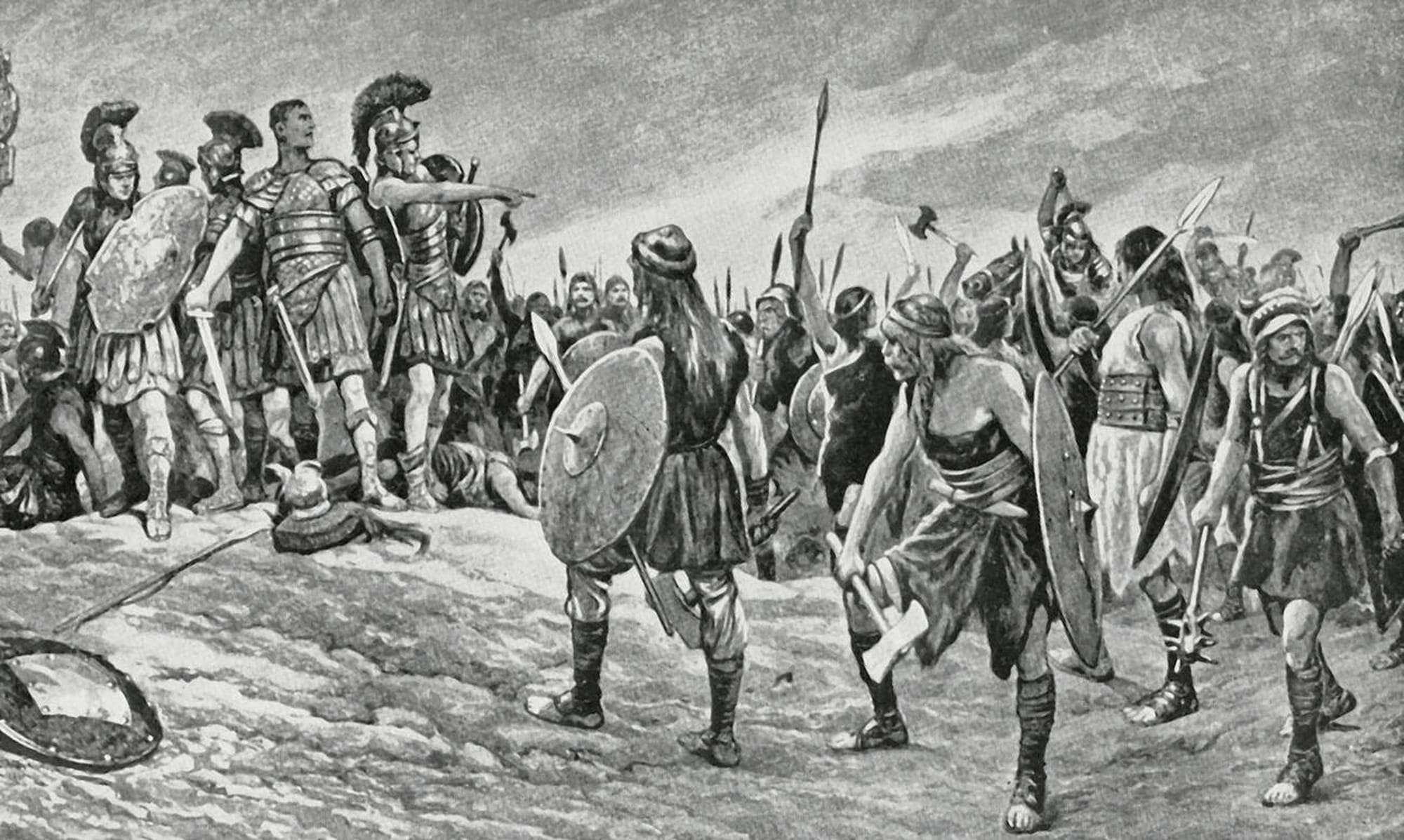 Vespasian rescued by his son Titus in Britain, painted by Richard Caton Woodville