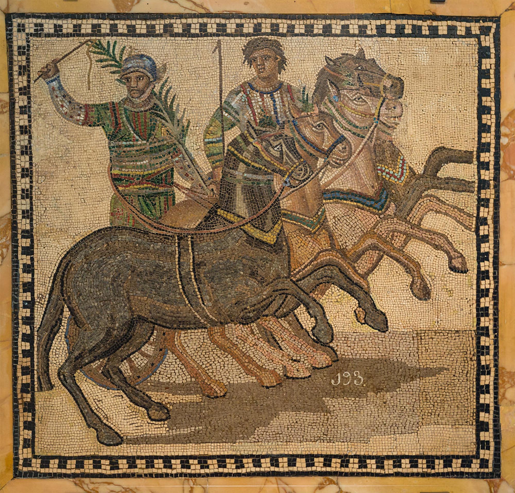 A Roman mosaic of a chariot race winner from the Green faction,  like Scorpus