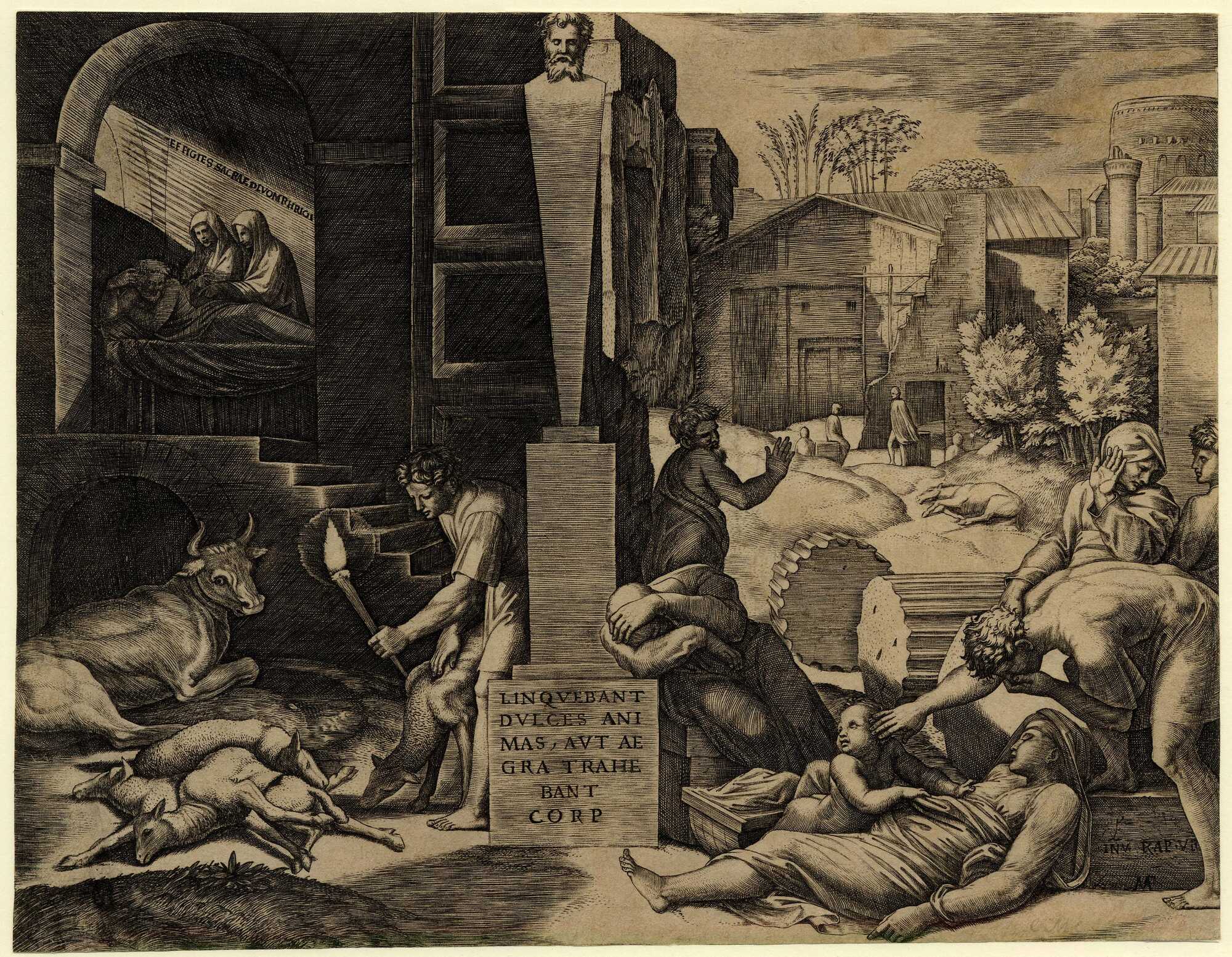 A gravure by  Marcantonio Raimondi, depicting an ancient plague scene