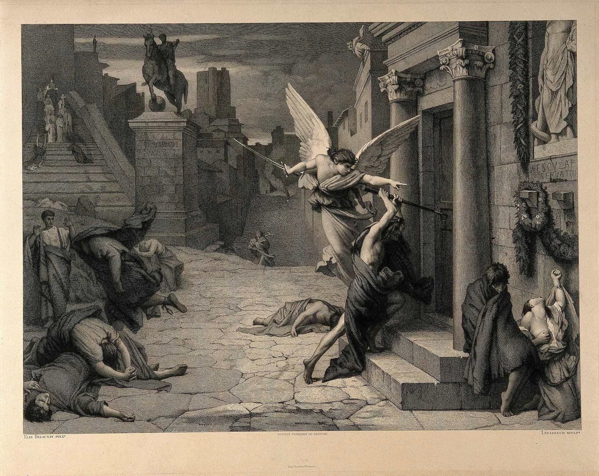 A gravure depicting The angel of death striking a door during the plague of Rome