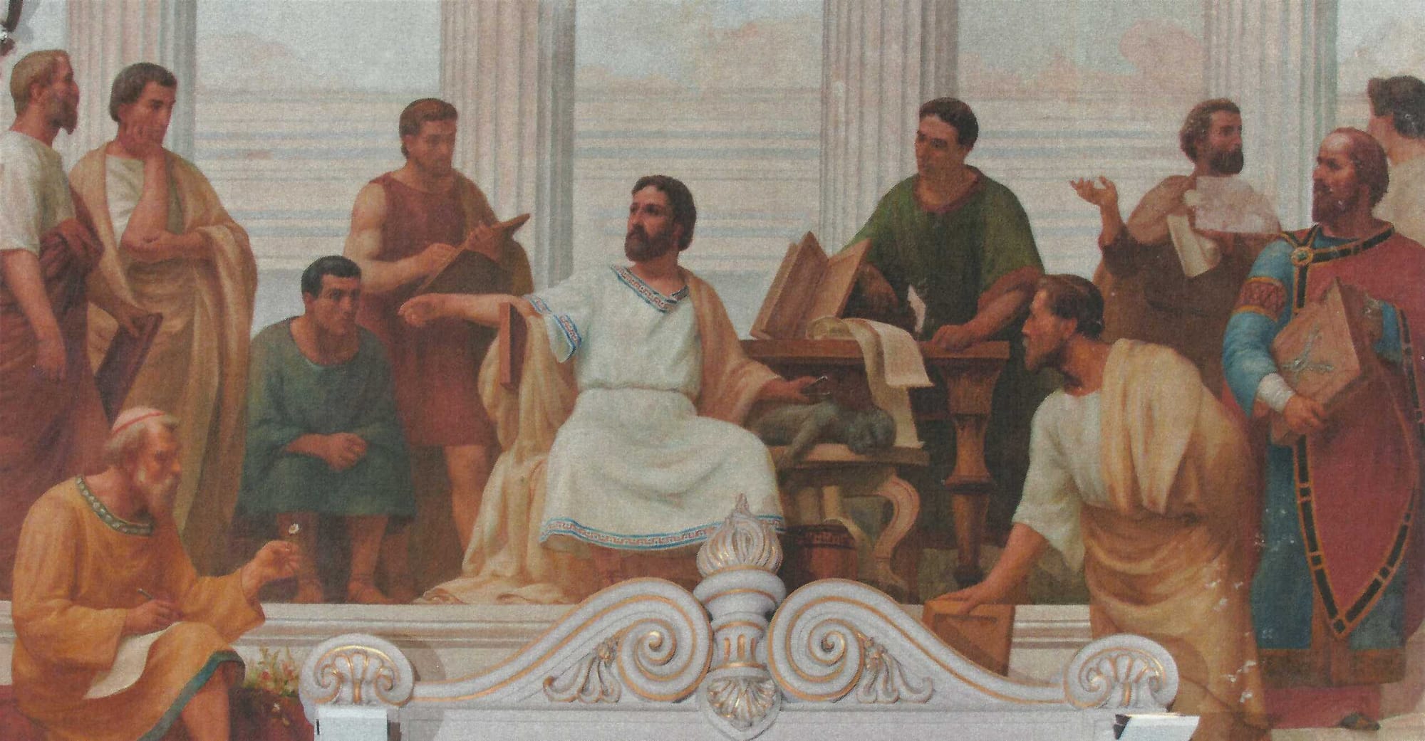 A painting dubbed Medicine in the Middle Ages by Veloso Salgado, Galen is in the middle