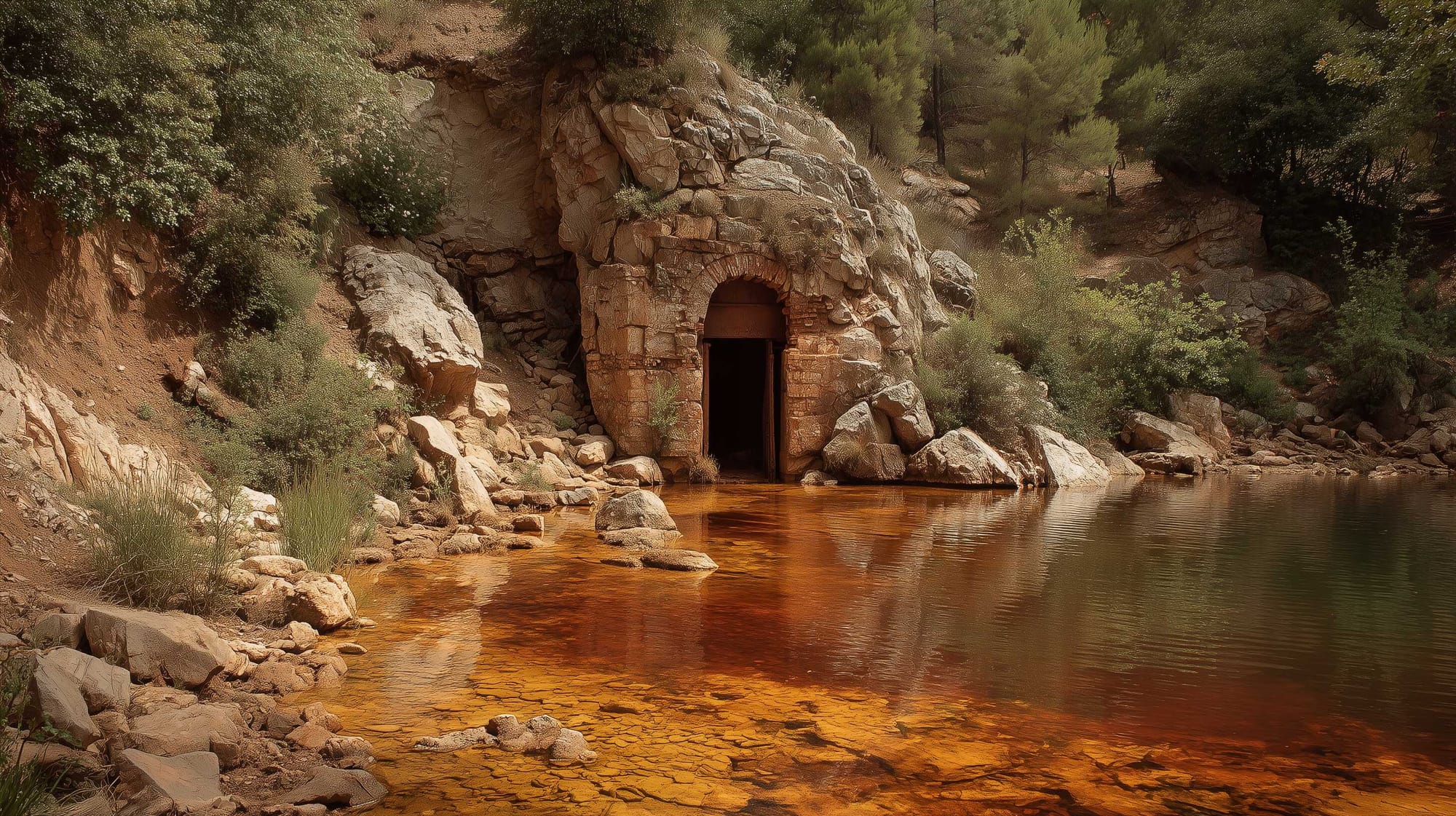 A possible representation of a Roman mine near a Greek river, polluting the area and the water surrounding it