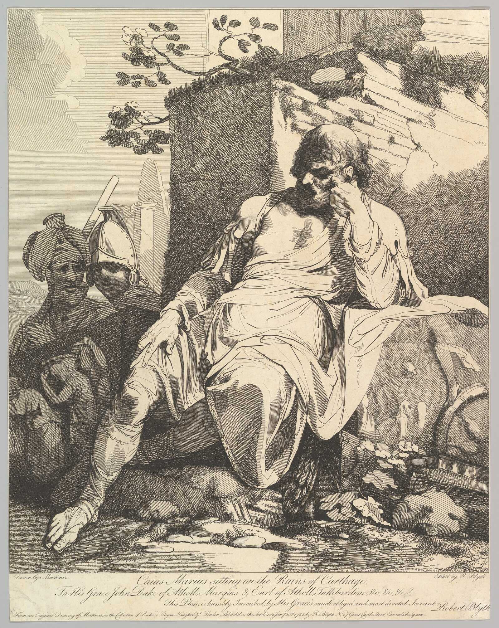An etching by Robert Blyth of Caius Marius on the Ruins of Carthage