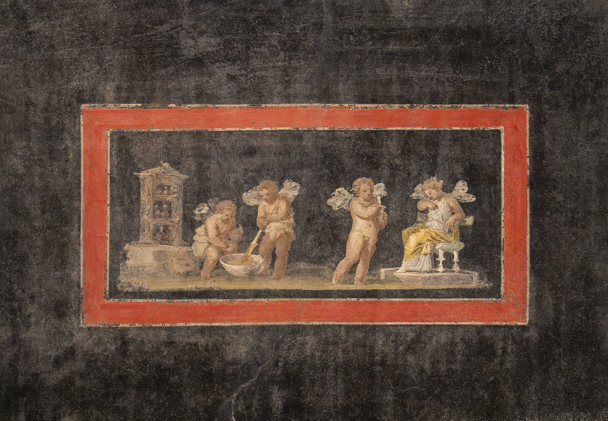 Ancient Roman fresco with Cupids and Psyche making perfume