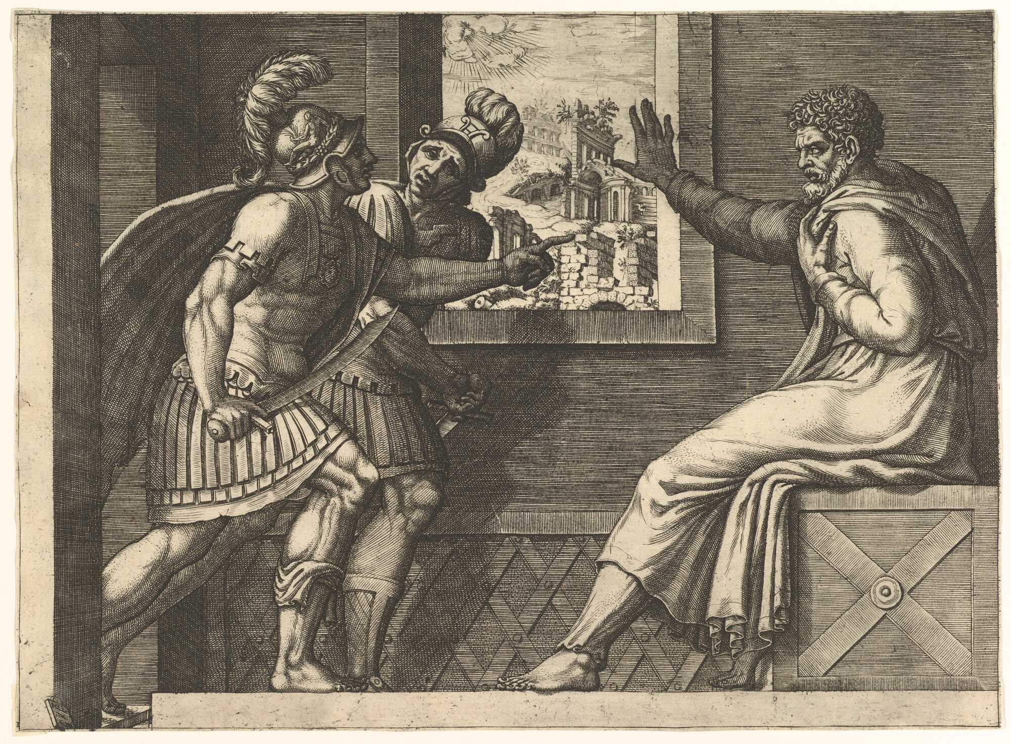 Caius Marius in prison; two Cimbrian soldiers entering his cell, by Giorgio Ghisi, designed by Polidoro da Caravaggio
