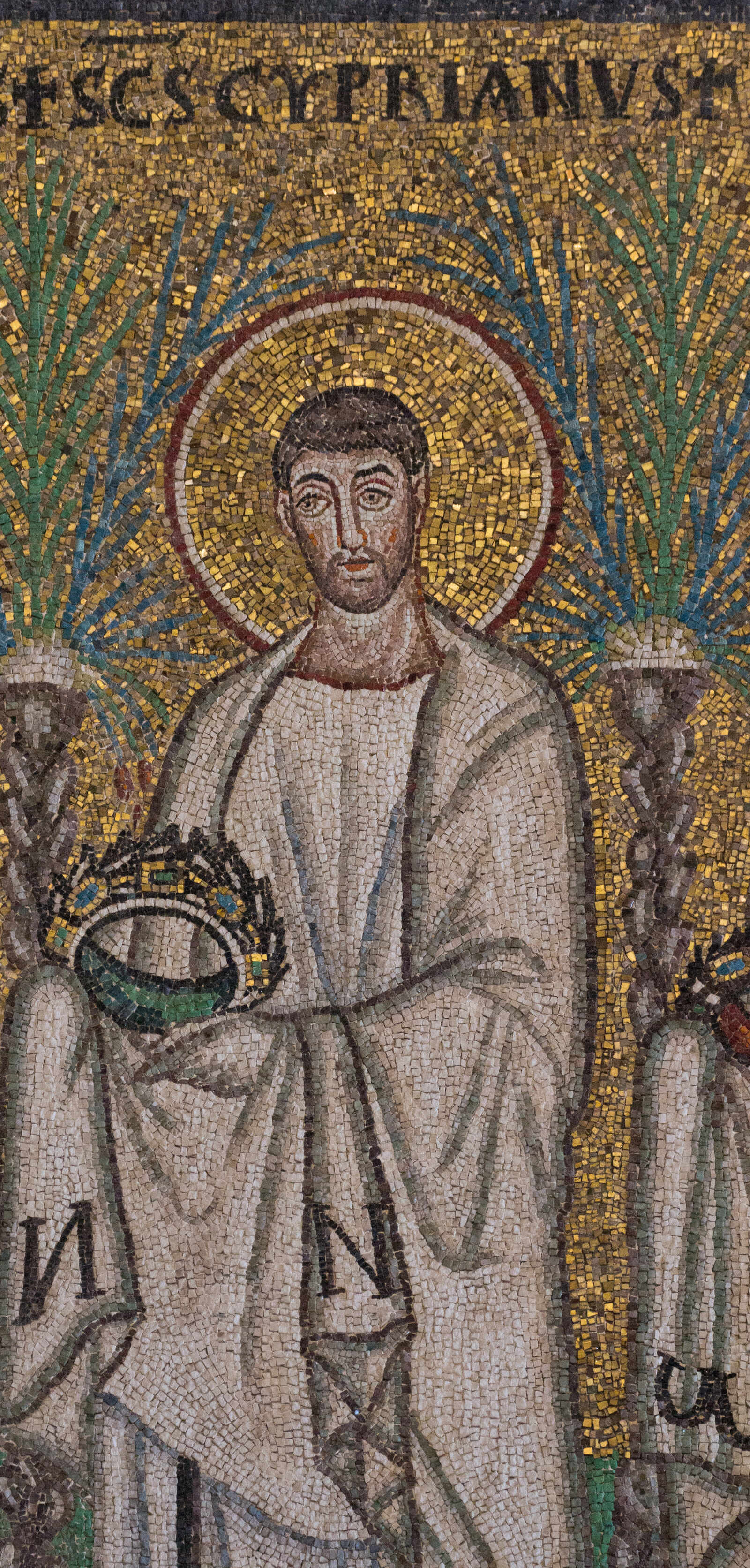 Detail of 6th-century mosaic depicting Saint Cyprian, from the church of Sant'Apollinare Nuovo in Ravenna