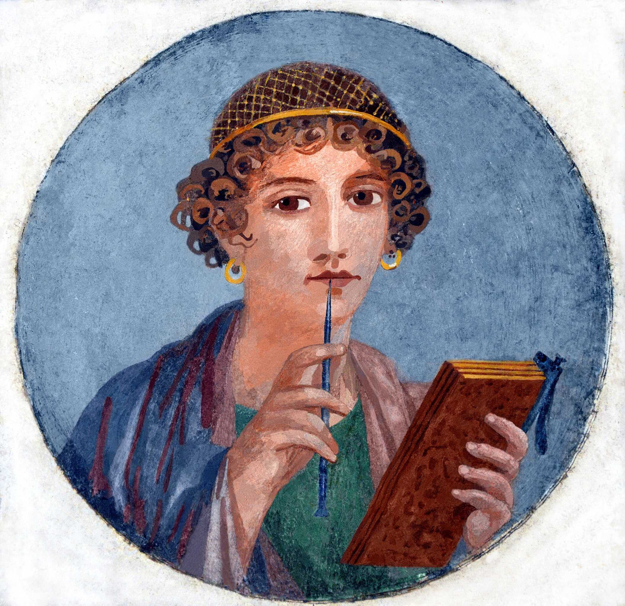 Fresco showing a woman so-called Sappho holding writing implements, from Pompeii