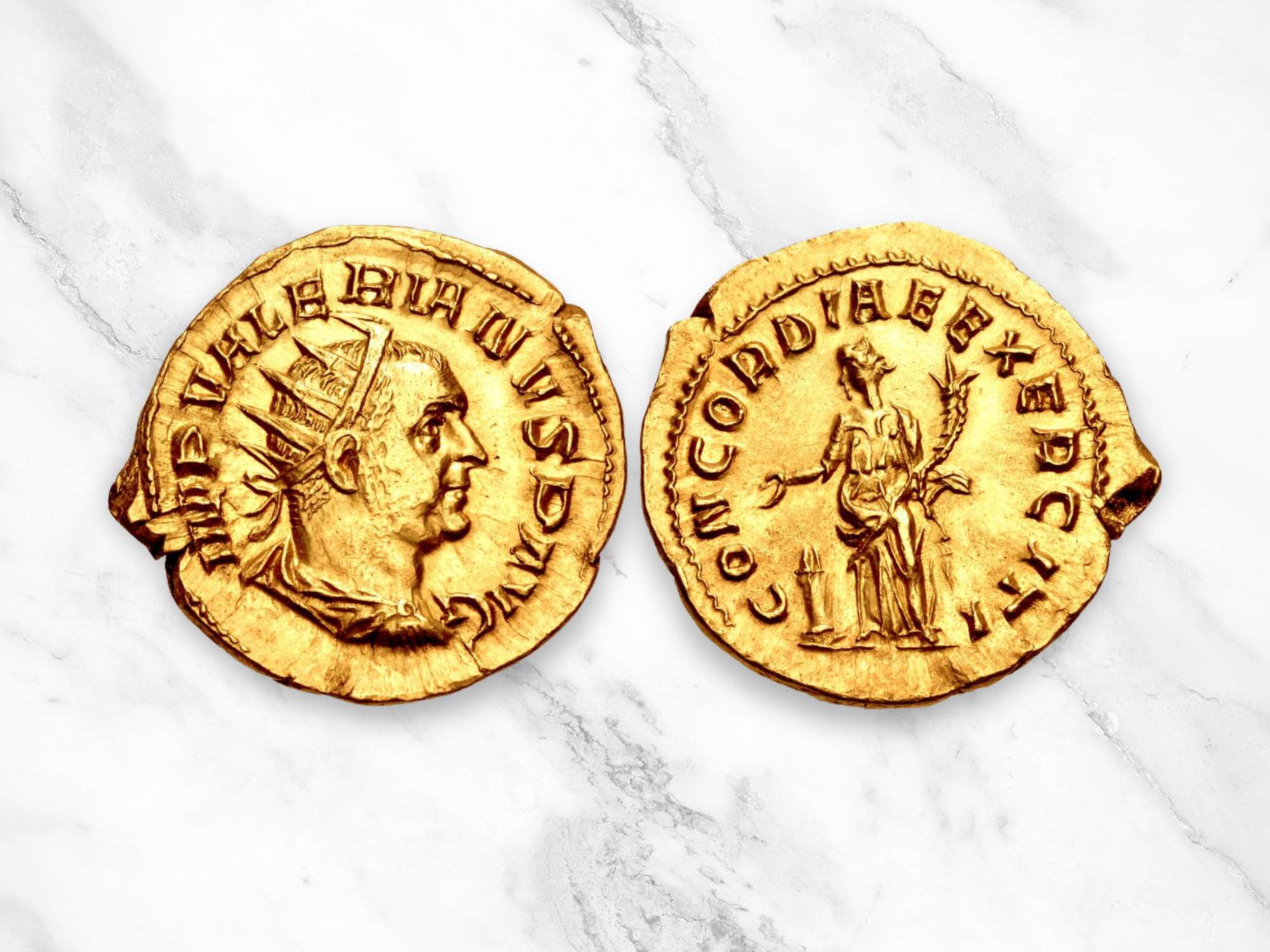 Golden aureus Roman coin of Valerian, on the back side is Concordia