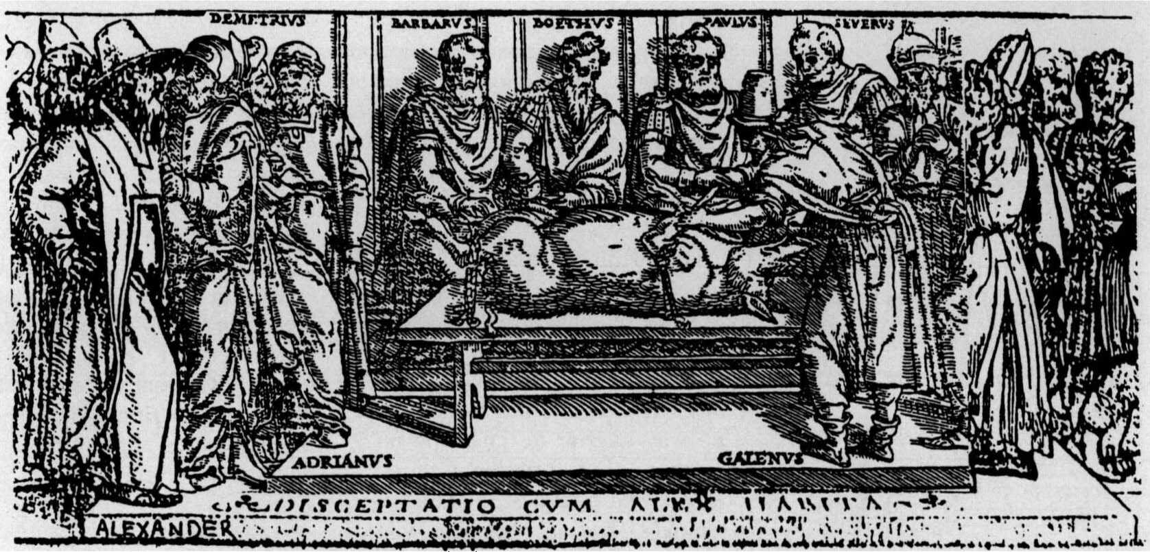 Image from the bottom panel of the title page to the 1541 Junta edition of Galen's Works, depicting Galen demonstrating that the recurrent laryngeal nerves render an animal voiceless when cut