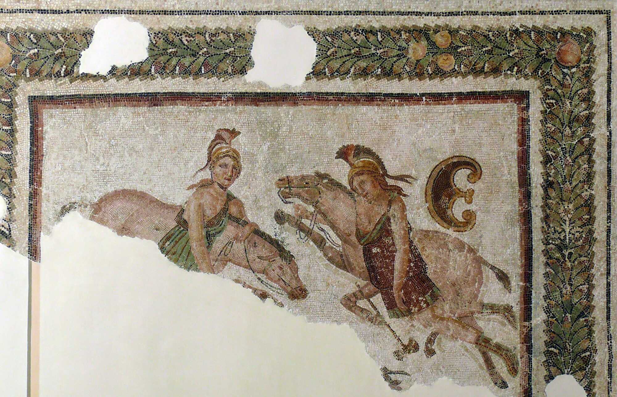 Mosaic fragment depicting two amazons and their horses, protected by Artemis