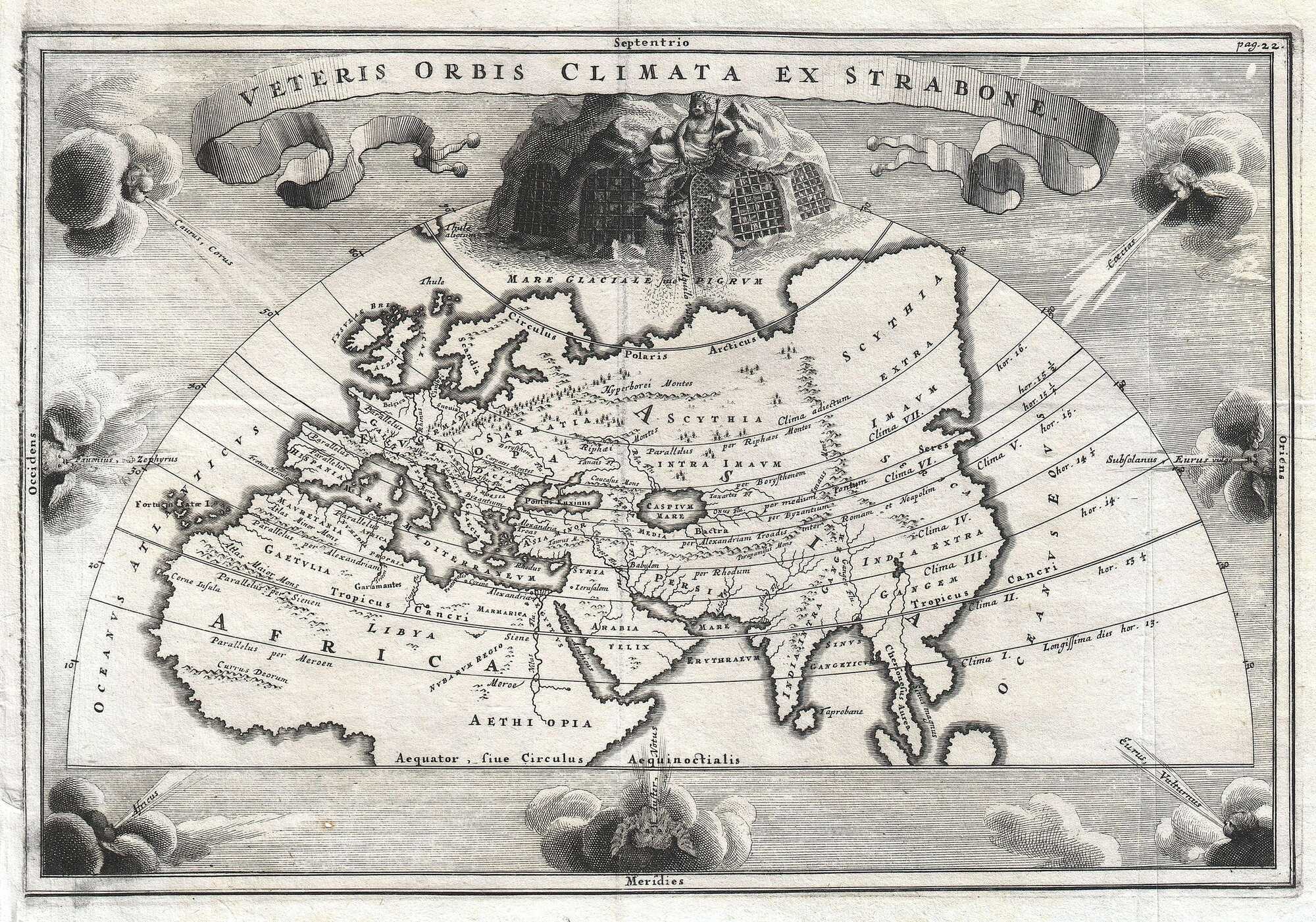 Rare engraved map of the Old World after Strabo, showing Europe, Asia, and North Africa divided into seven climatic zones, framed by wind heads, with an allegorical vignette of Aiolos chaining the North Wind as a winged dog at the pole.