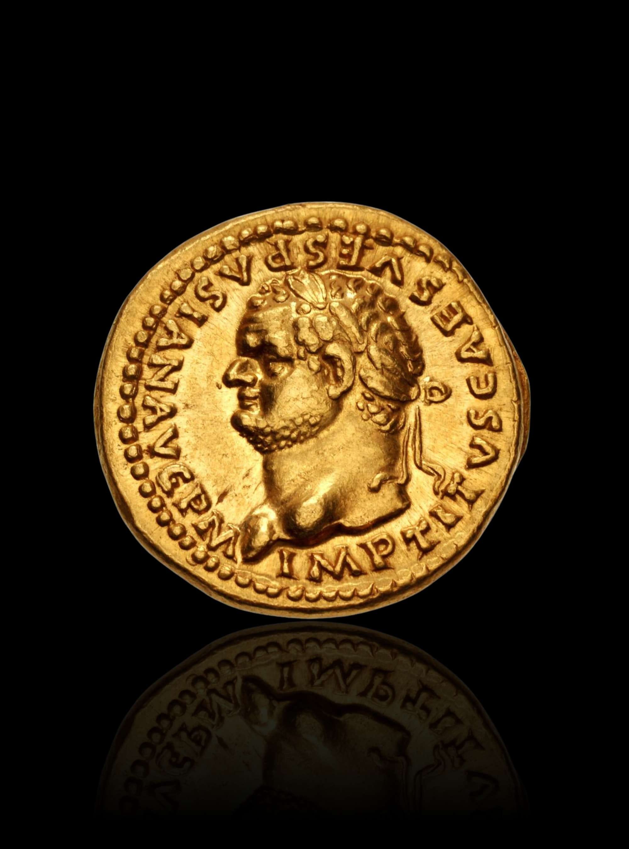 Rare gold Roman aureus coin of Emperor Titus