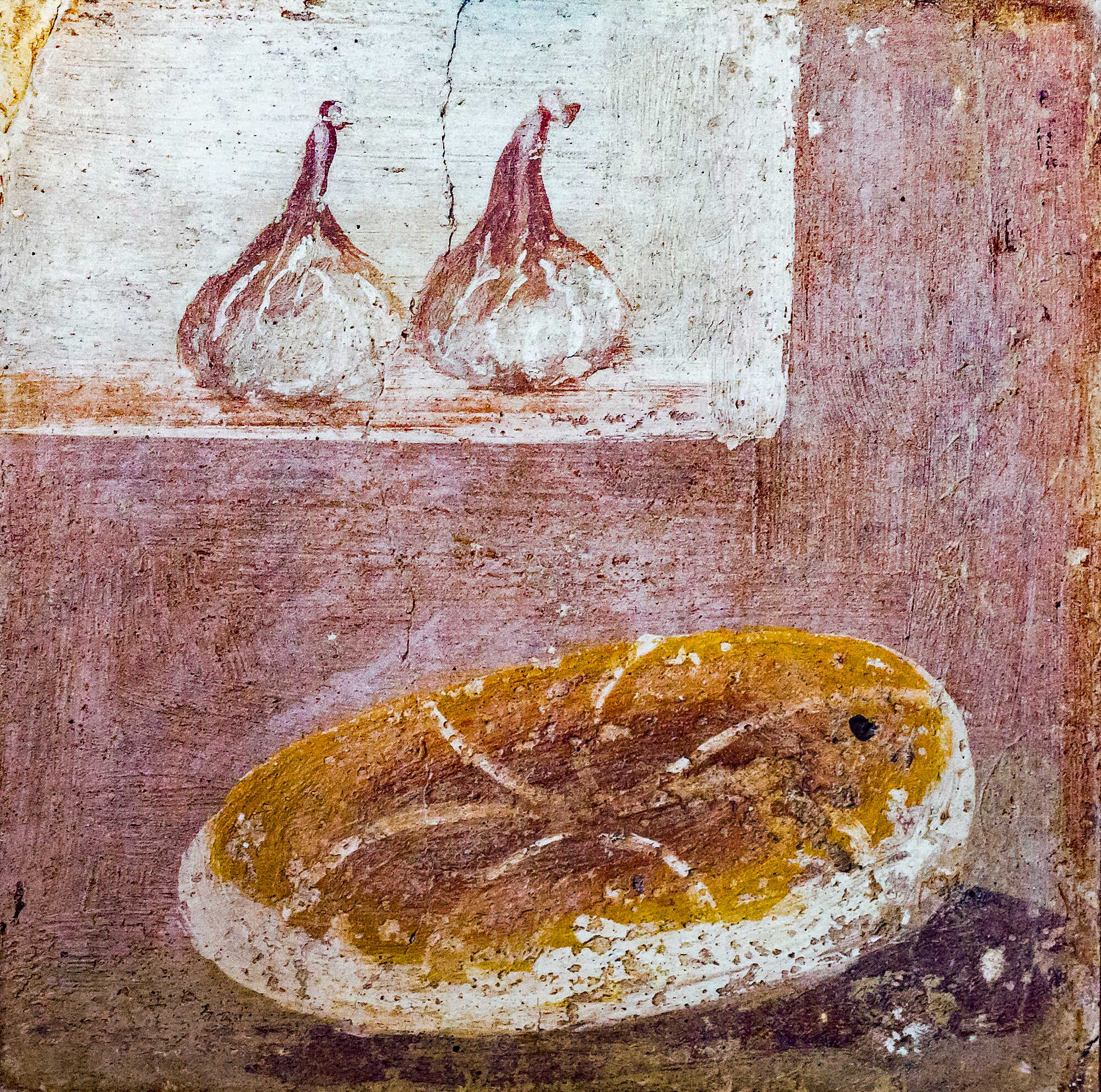 Roman wall painting, still life with bread and figs, in Herculaneum