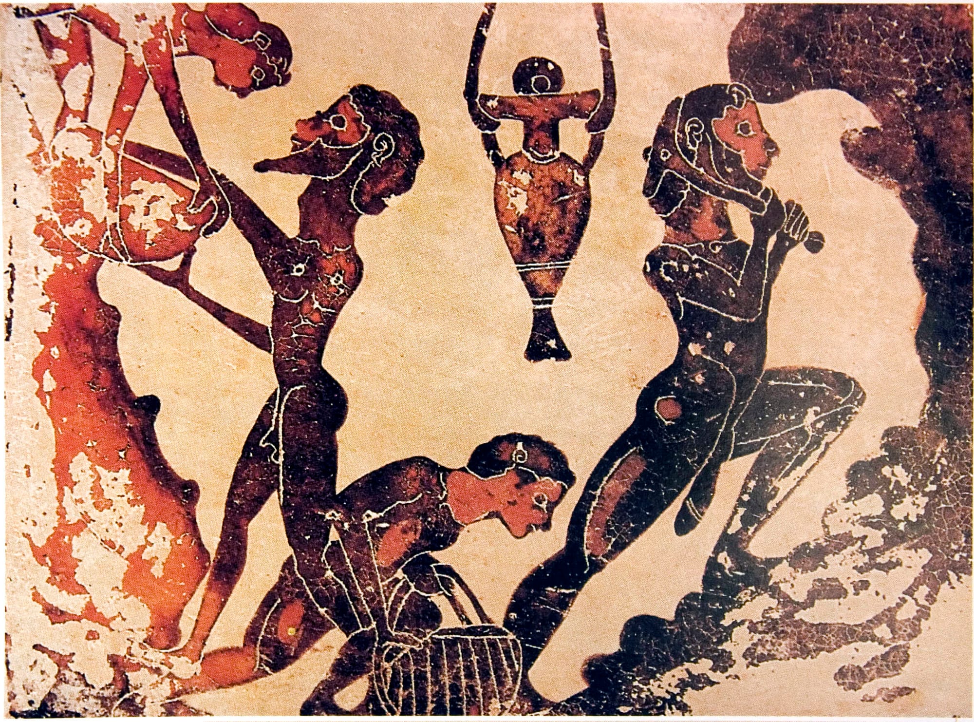 Slaves working in an Ancient Greek mine, probably Laurio, painting on Corinthian terracotta plaque, 5th century BC