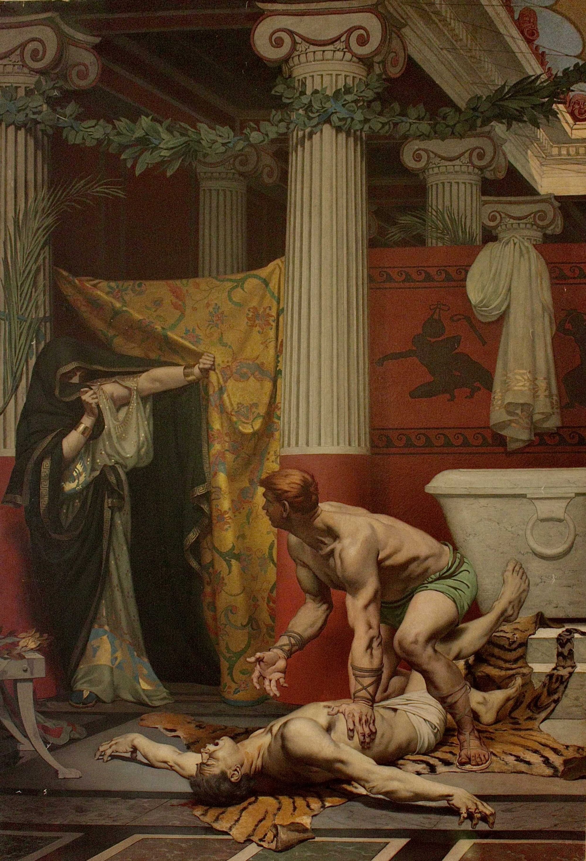 The Death of Commodus, commissioned by his mistress Marcia (the woman hiding under her veil), a painting by Fernand Pelez