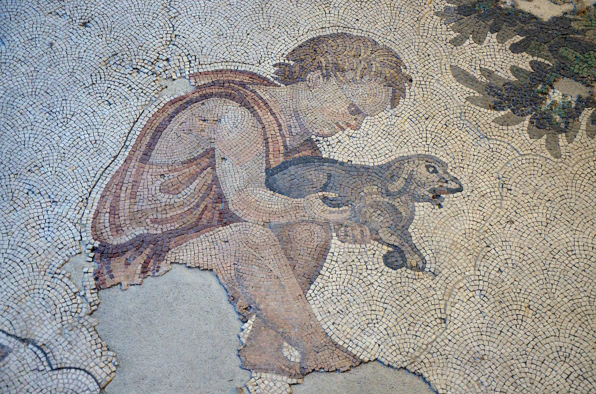 A child holding a dog, detail of the 6th century mosaic floor from the Palatium Magnum (Constantinople's Great Palace)
