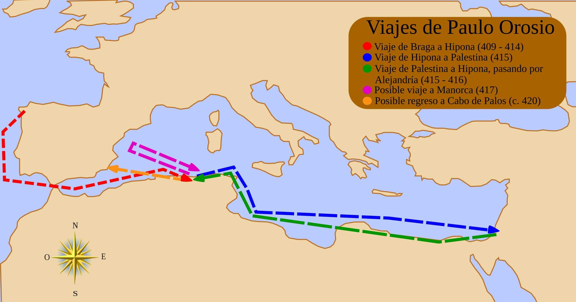 A map (in Spanish) showing the trips carried out by Paulo Orosio between 409 and 420