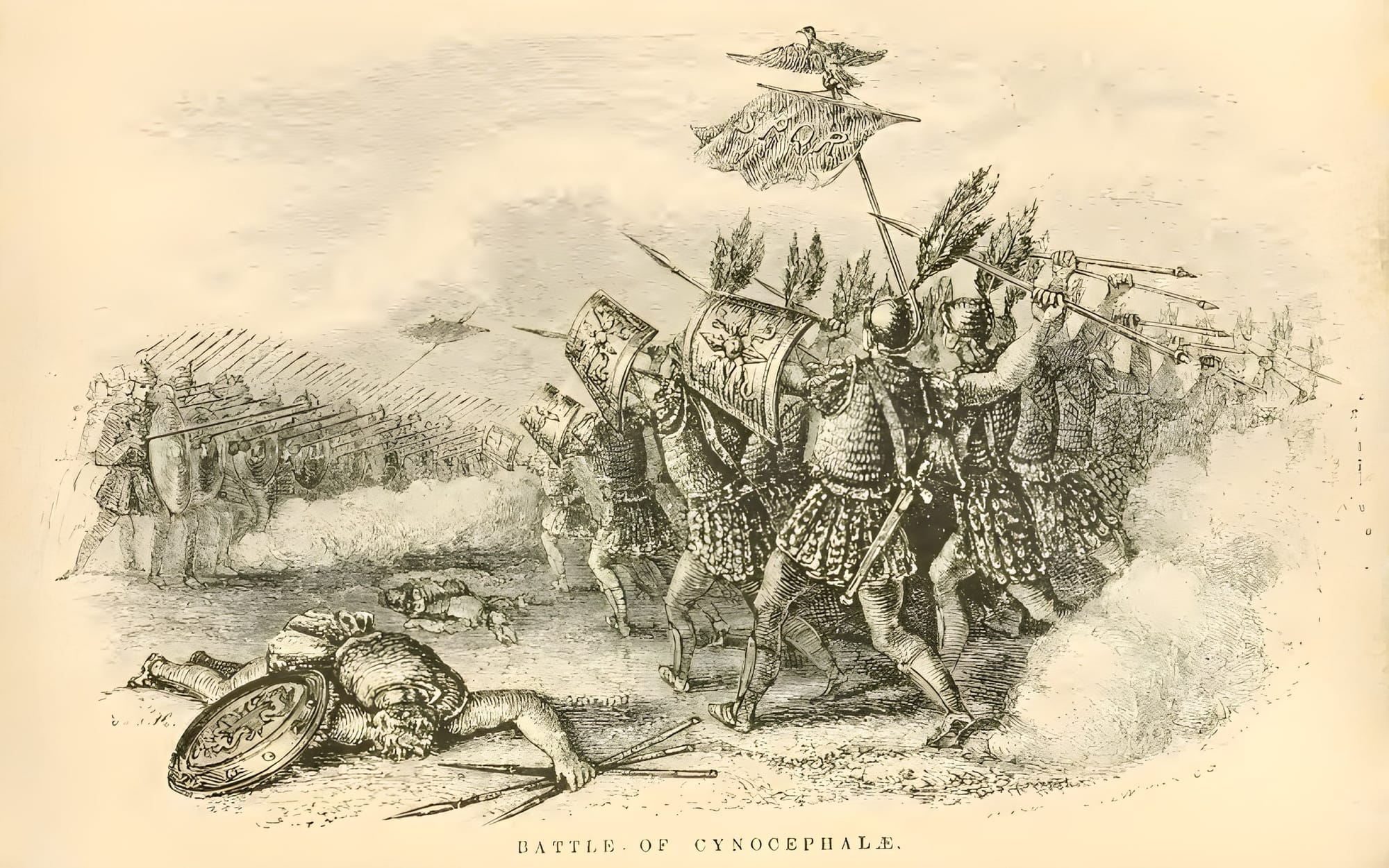 A painting depicting the Battle of Cynocephale between the Roman legion and the Macedonian phalanx armies