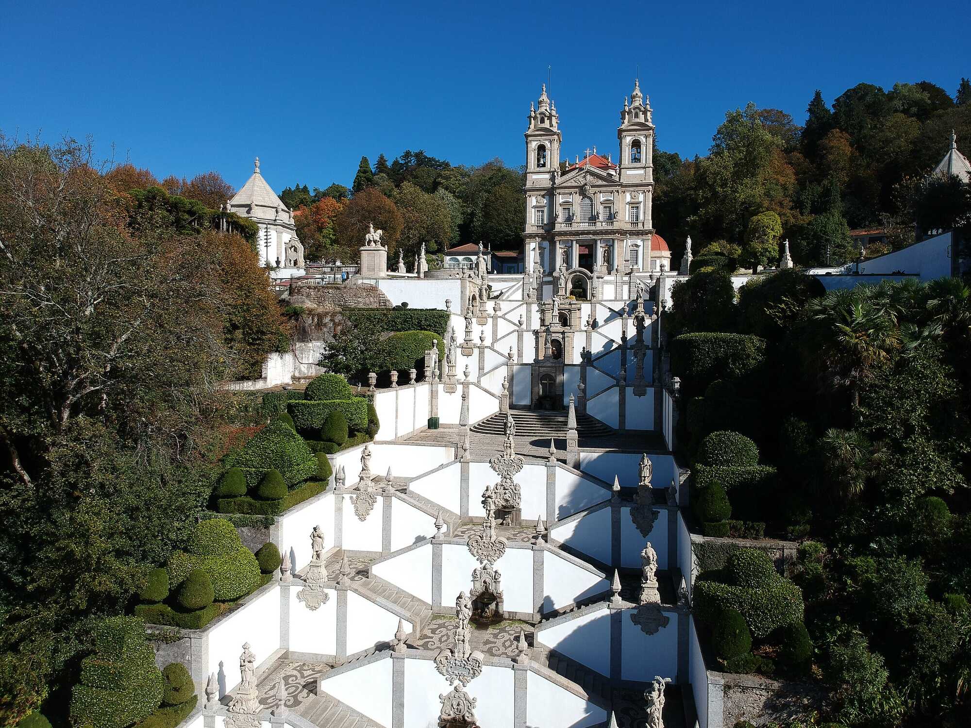 Aerial photograph of the church Bom Jesus and its characteristic stairs, in Braga Portugal