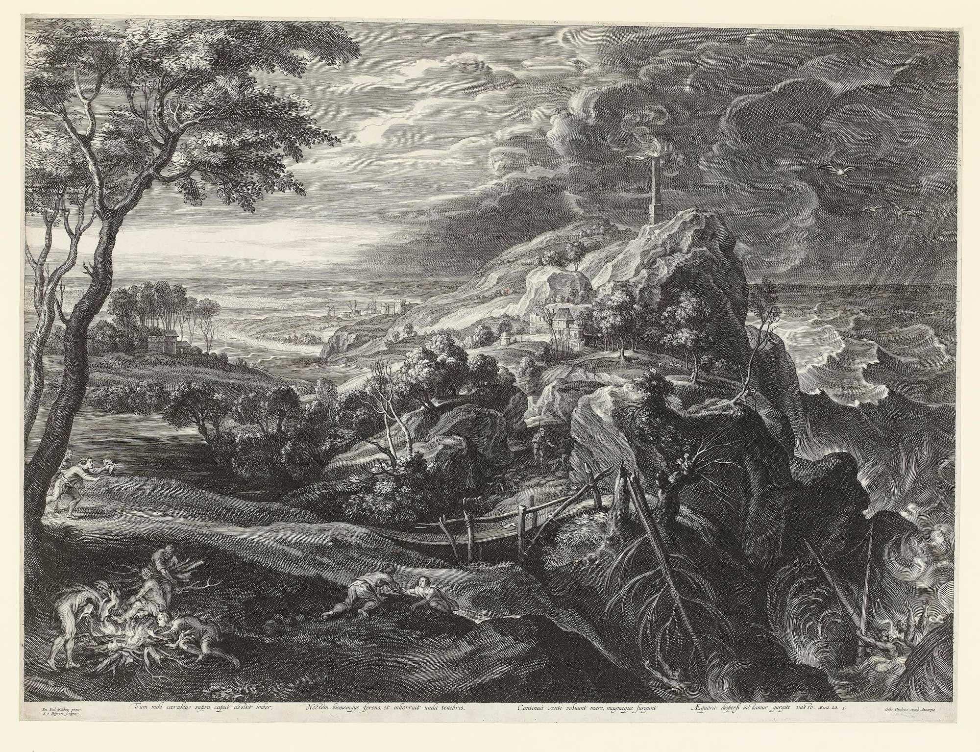 An engraving by Schelte Adamsz Bolswert, after Peter Paul Rubens, depicting The Shipwreck of Saint Paul at Malta, showing a dramatic coastal landscape with a fiery beacon atop rocky cliffs, in the foreground, survivors struggle amid wreckage