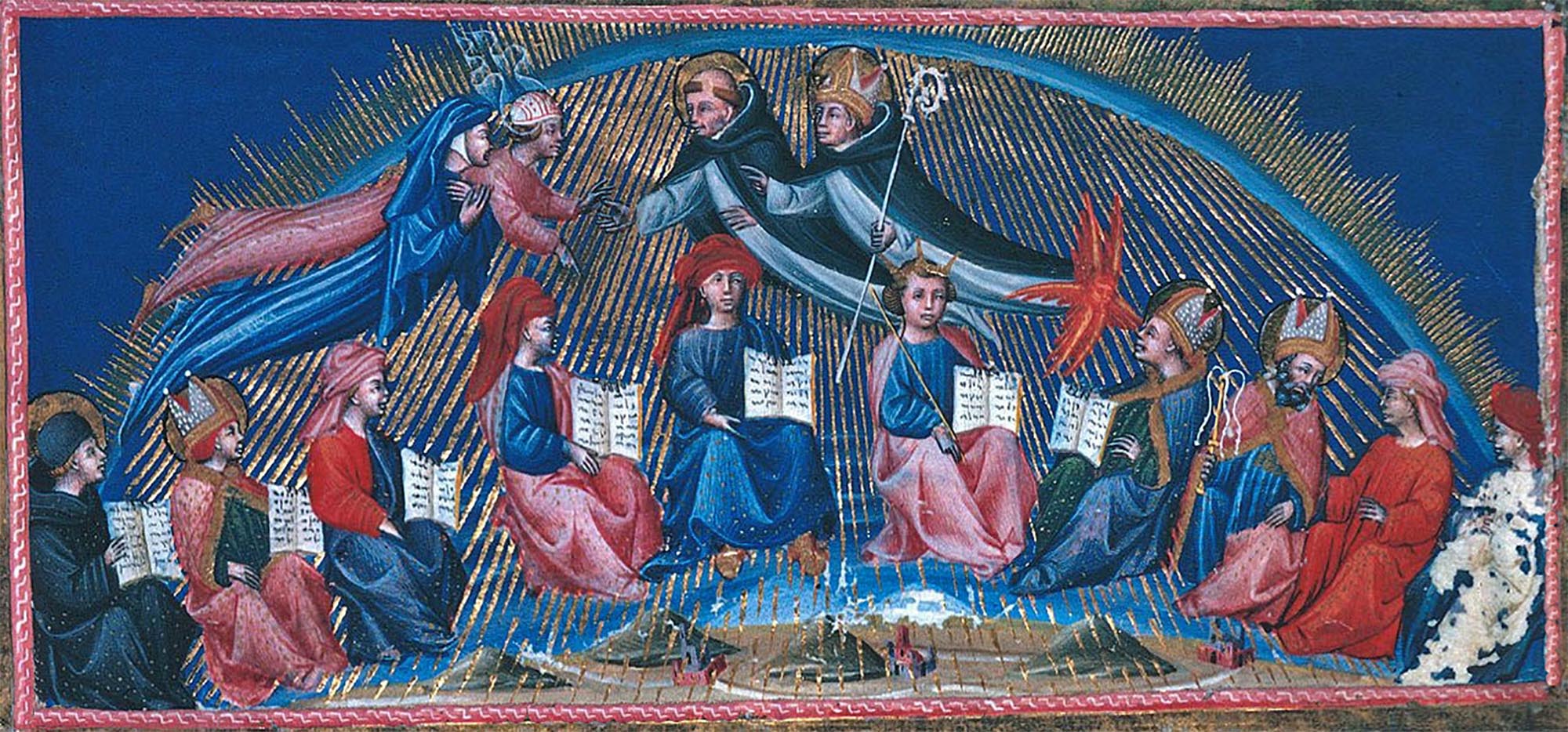 Dante's Paradise by Giovanni di Paolo, with Paul Orosius depicted in the bottom center, holding a scepter and wearing a crown, below St. Thomas Aquinas and Albert the Great
