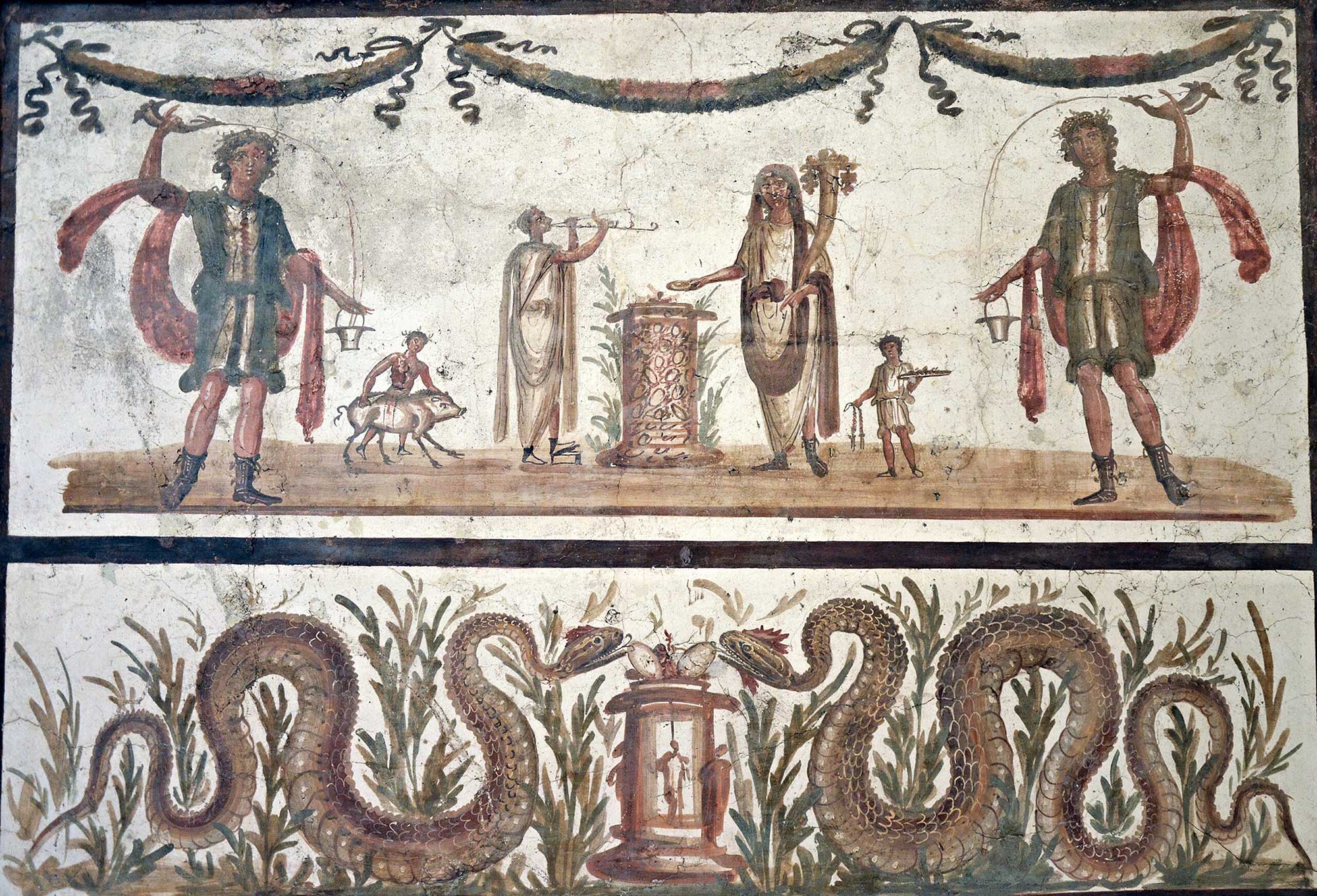 Fresco depicting two lares pouring wine from a drinking horn (rhyton) into a bucket (situla), they stand on either side of a scene of sacrifice