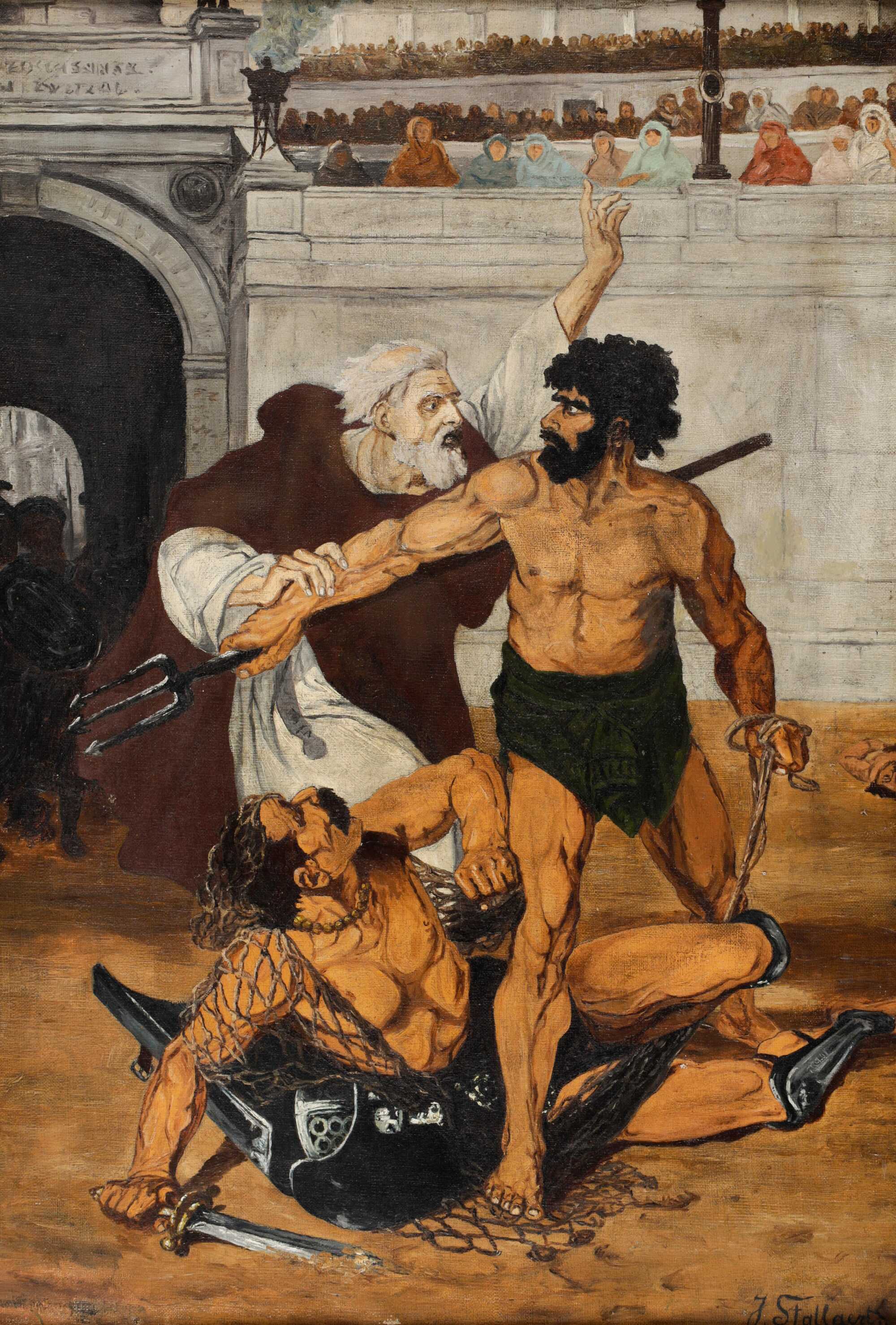 Gladiator fight in the Colosseum, a painting by J. Stallaert