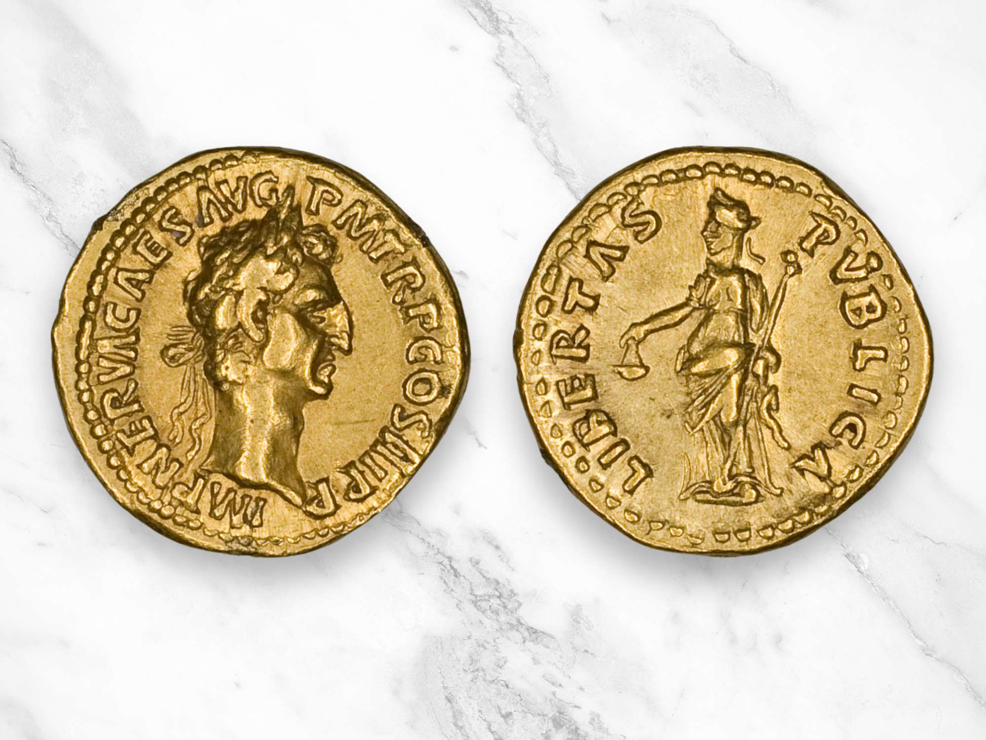 Gold aureus Roman coin portraying Emperor Nerva and Libertas Publica