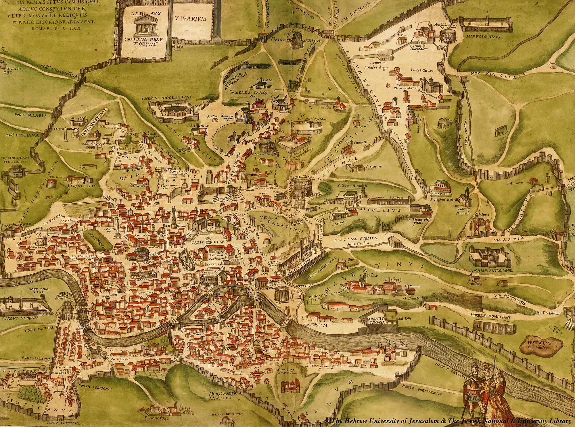 Historical map of ancient Rome, with its population peaking at around 1 million inhabitants, published in Italy in 1570