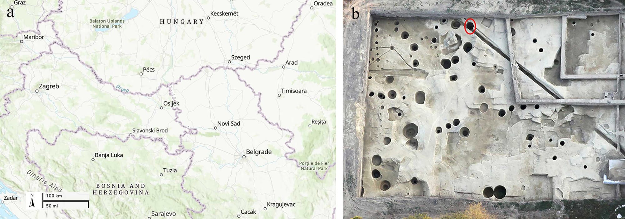Map showing the geographic location of Osijek and the exact location of the well (in the red circle)