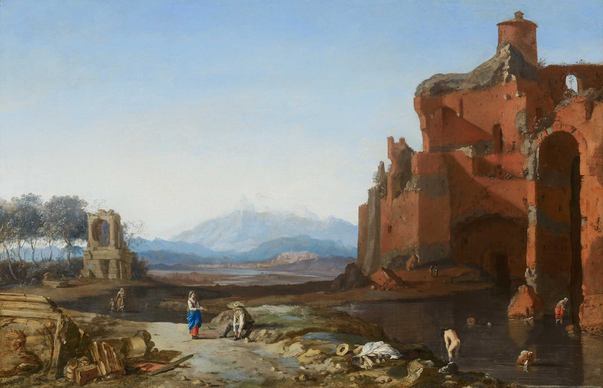 Navolger van Bartholomeus Breenbergh's painting, depicting an Italian Landscape with the Aurelian Wall
