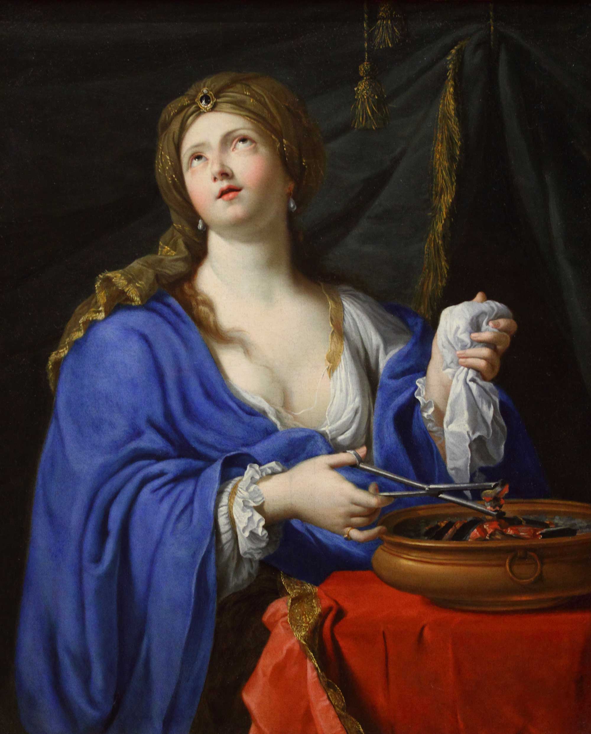Pierre Mignard I's painting, The Suicide of Porcia, who according to legend, swallowed hot coals (scholars believe she died of carbon monoxide poisoning, from the fumes)