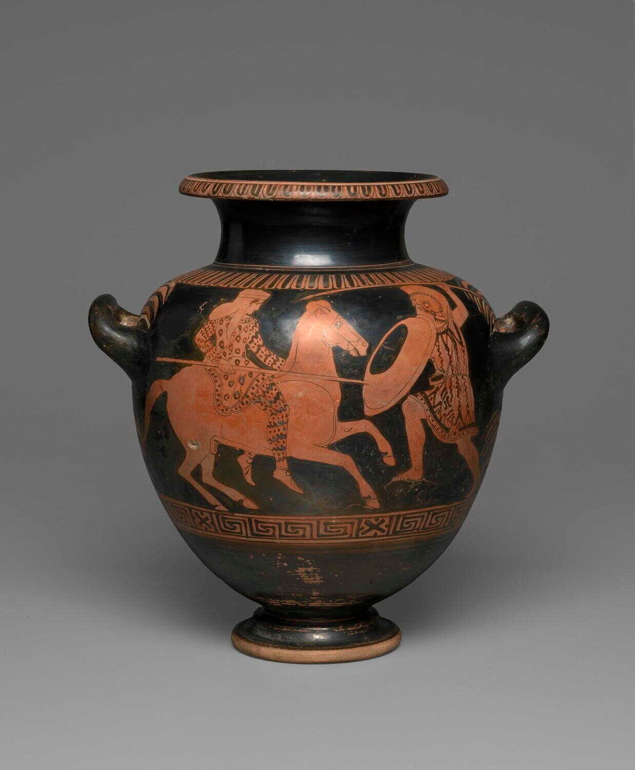 Red-Figure Ancient Greek Stamnos, depicting a Greek warrior in battle