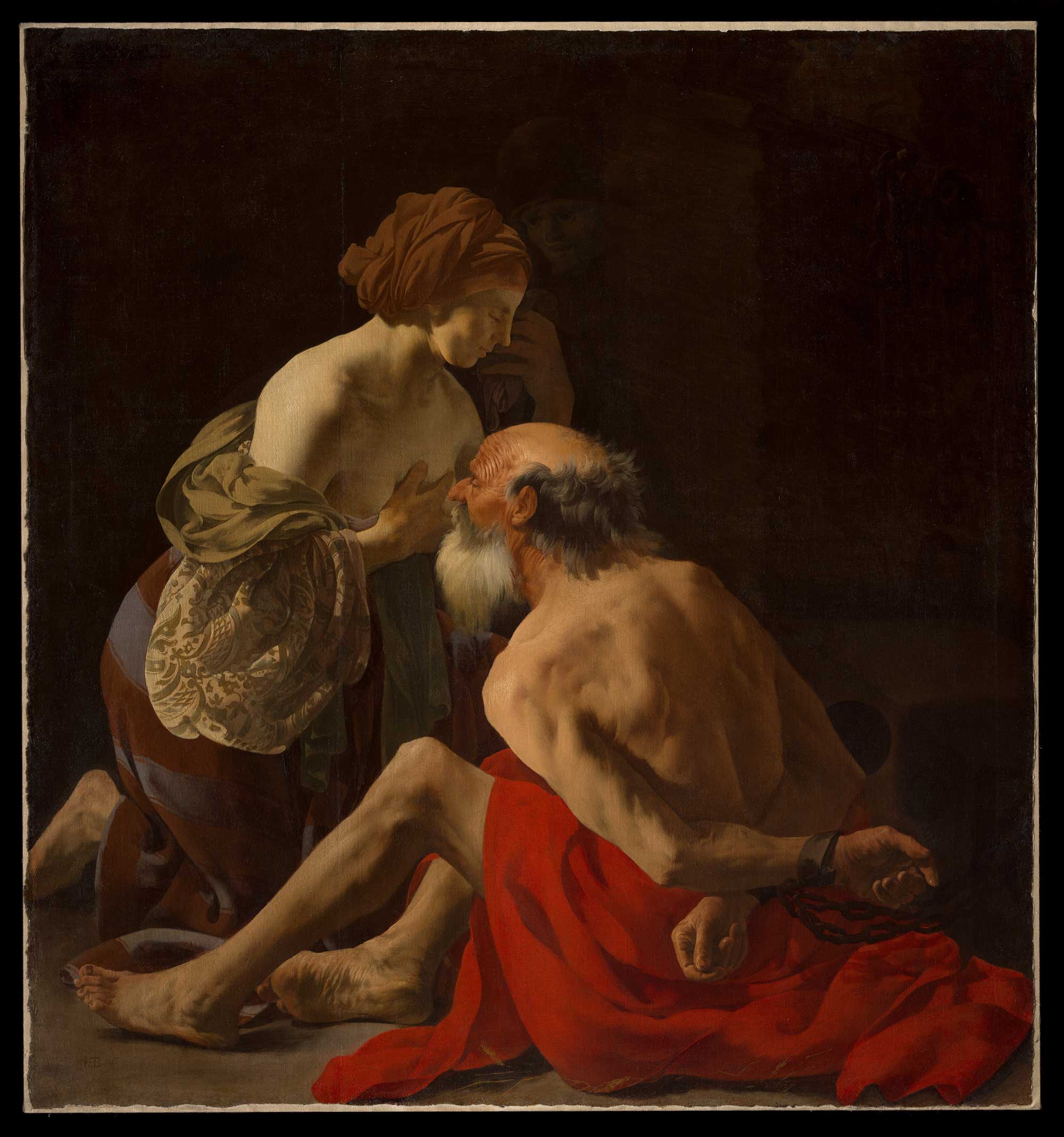 Roman Charity, a painting by Hendrick ter Brugghen, from the MET Museum, the artwork hints of the danger of the act lurking in the dark above the daughter