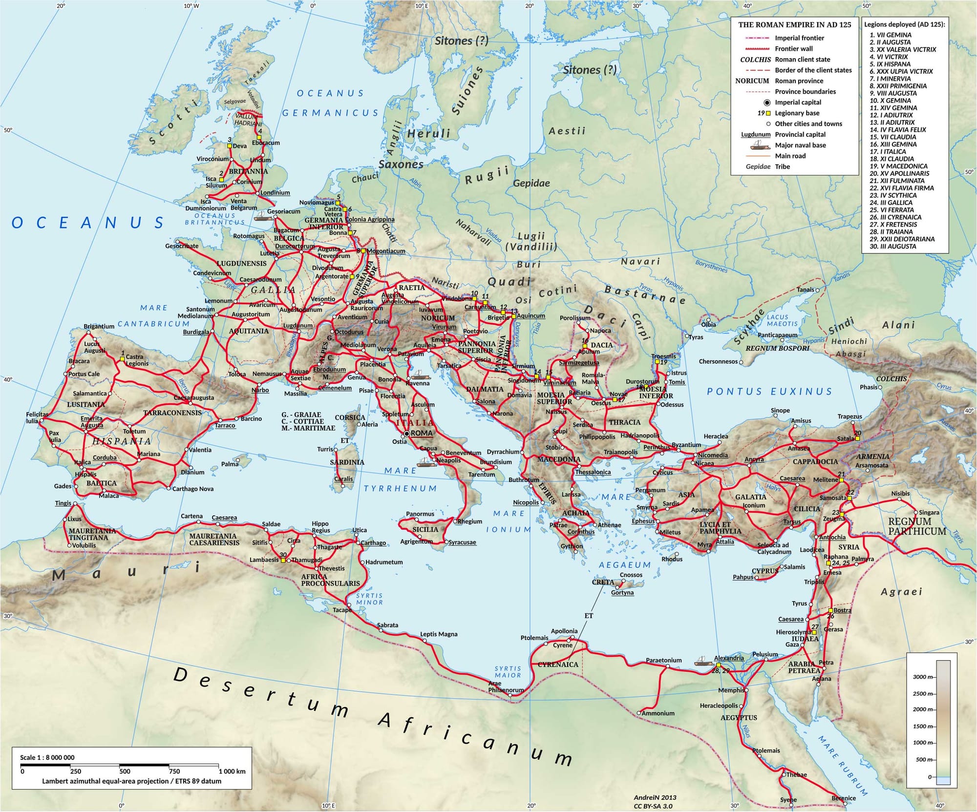 Roman Empire AD 125  map, illustrating roads with red