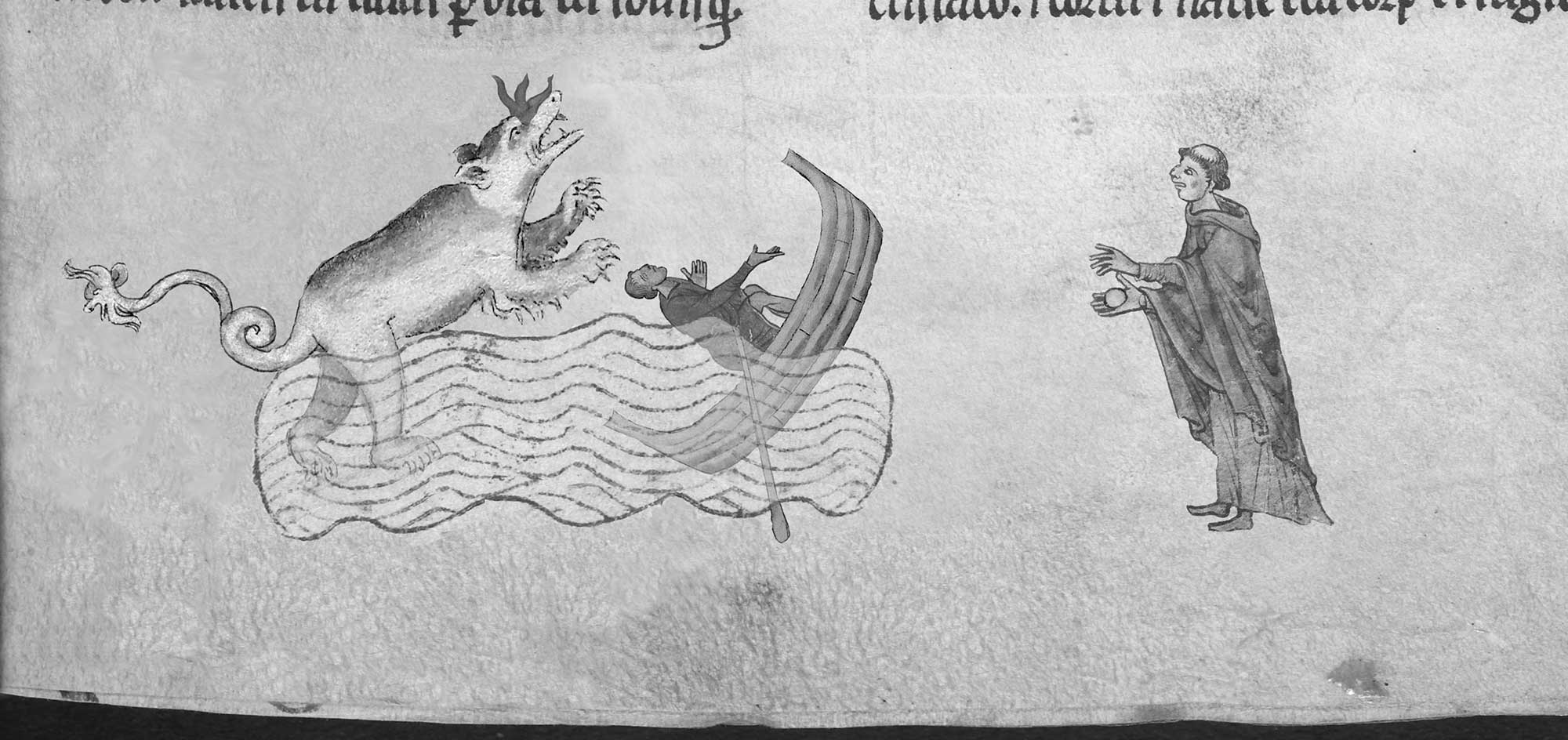 Saint Columba commanding the Water Demon to retreat, you may notice this depiction differs from the rest as the beast is part animal, part aquatic creature