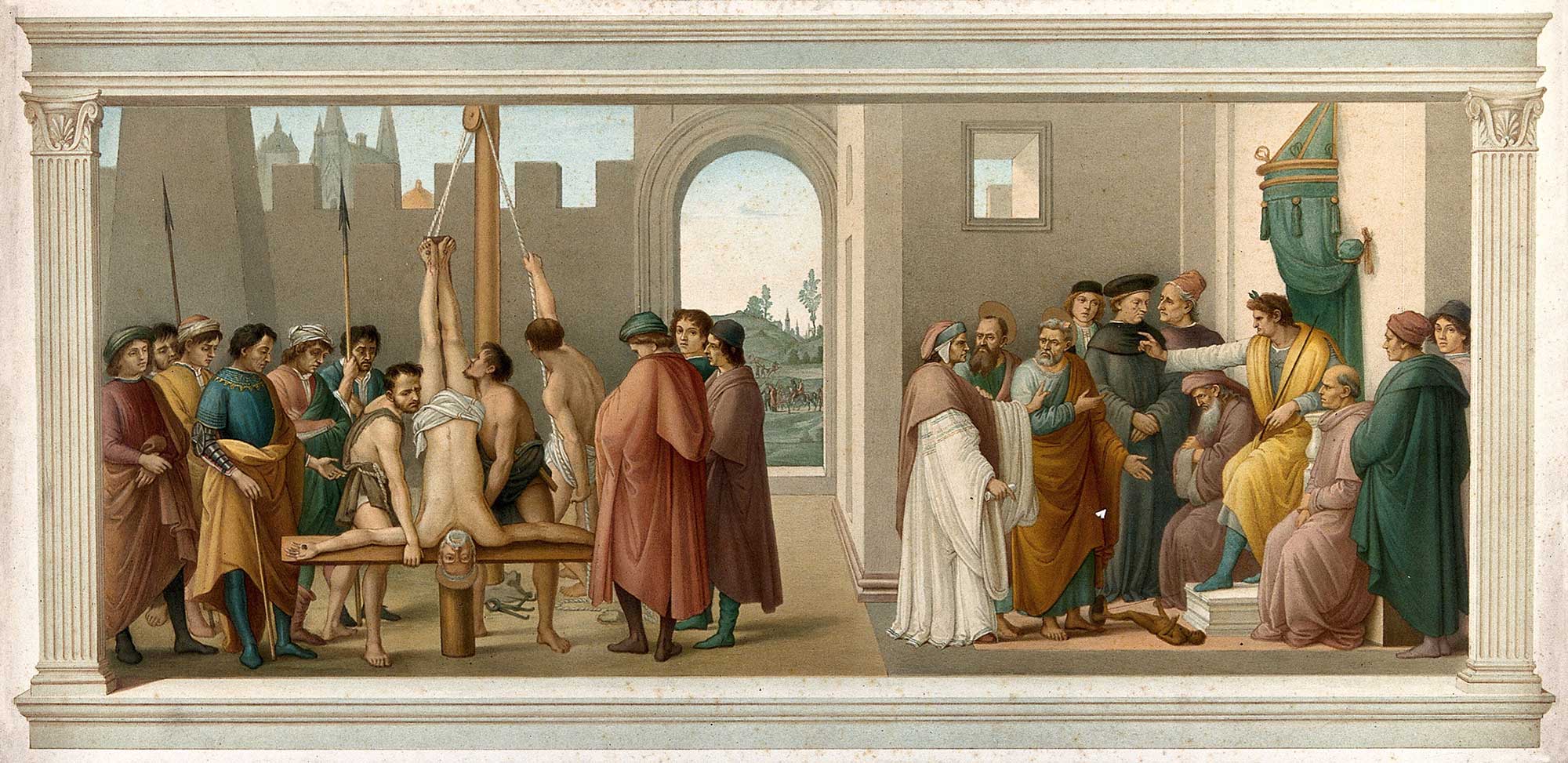 Saint Peter and Simon Magus before the Emperor Nero (right), the crucifixion of Saint Peter (left), chromolithograph after Filippino Lippi, from the Wellcome Collection