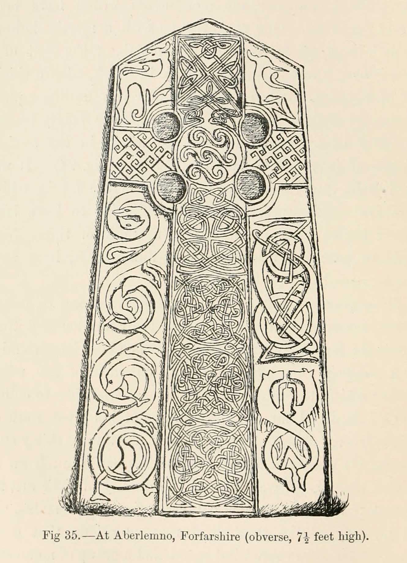 Sculptured Monument at Aberlemno (Obverse), where we notice the distinct Pictish carvings of aquatic beasts of legend