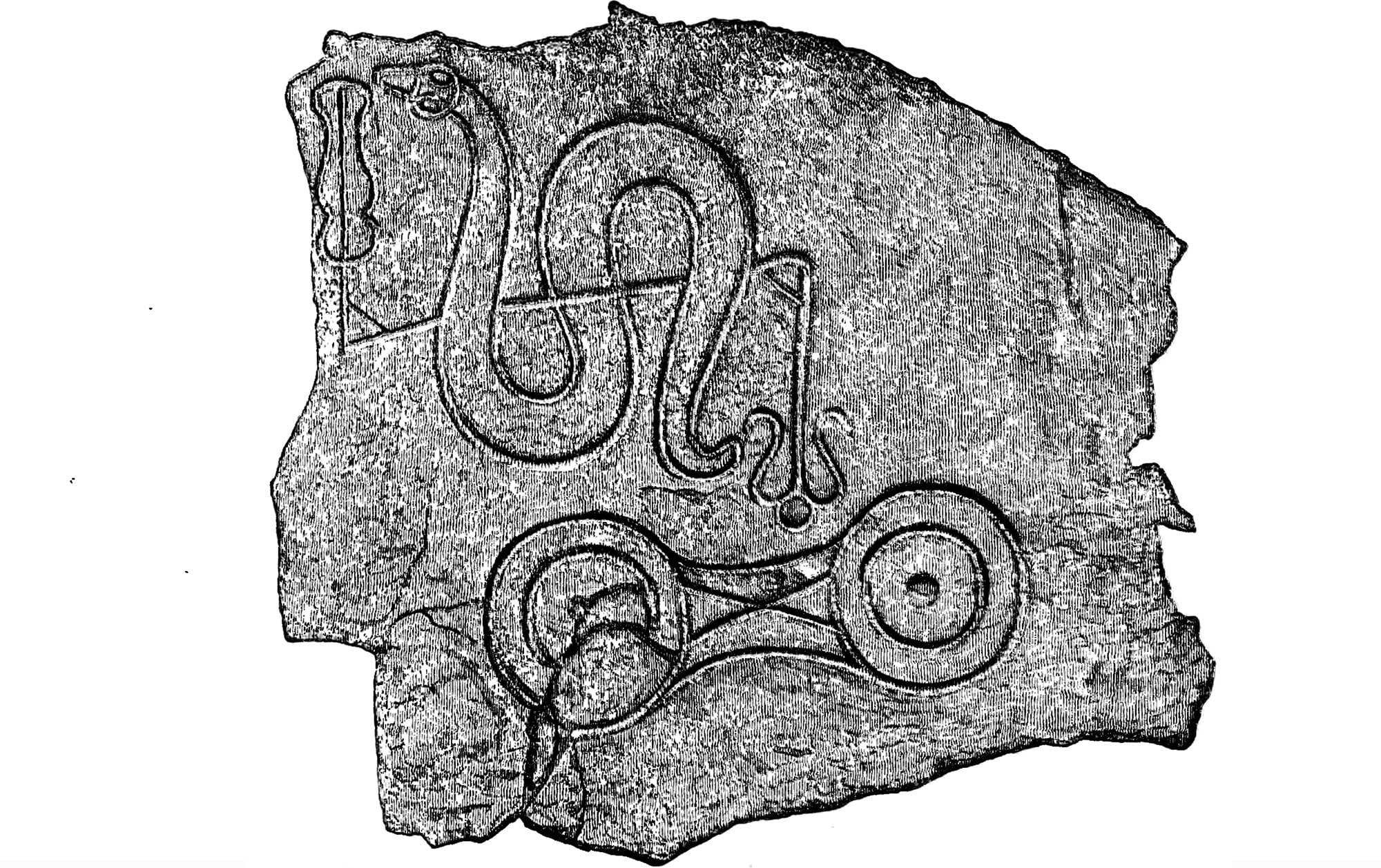 Sculptured Stone at Glen Urquhart, (Image from Mackay, W 1886), where we can see another Pictish carving of a possible aquatic beast, popping over the water